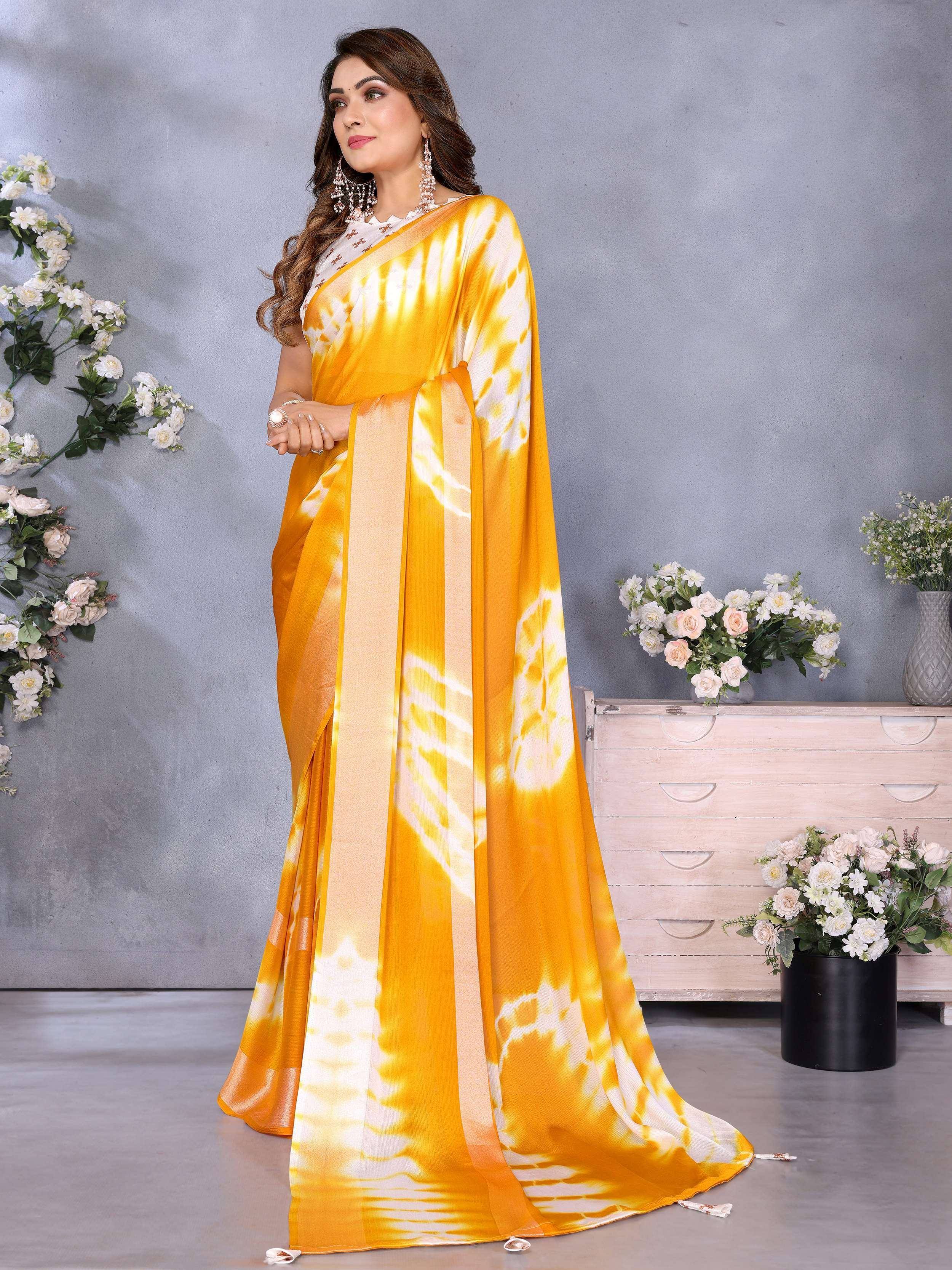Yellow and white tie-dye saree with embroidered blouse, Indian ethnic wear