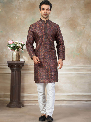 Captivating Brown Digital Printed Silk Festival Wear Men’s Kurta