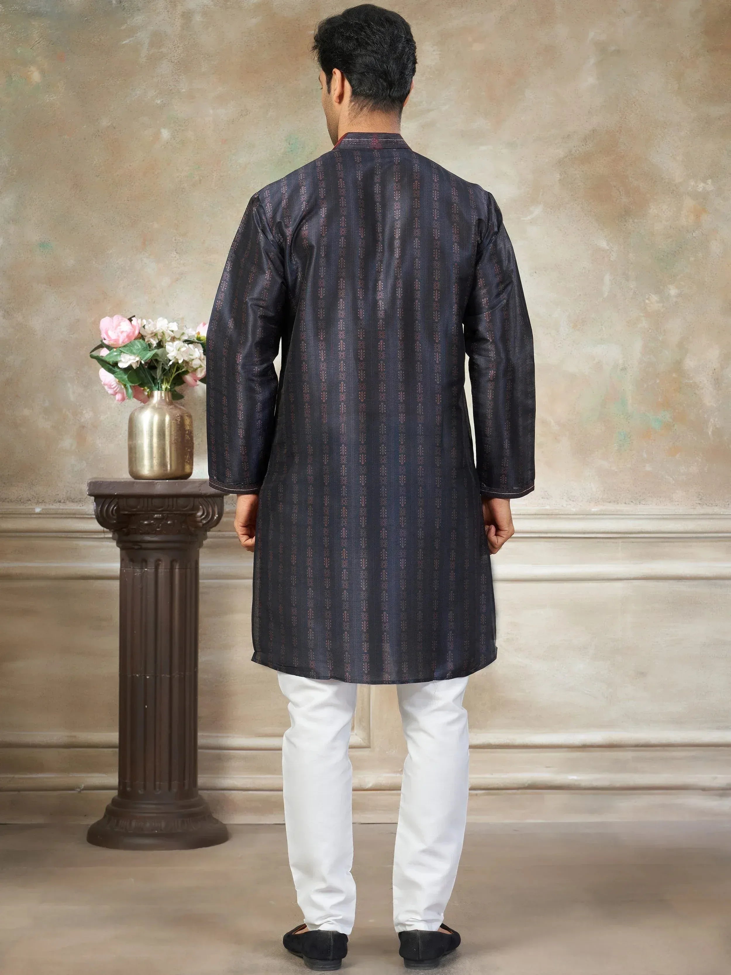 Glowing Dark Blue Digital Printed Silk Wedding Wear Men’s Kurta