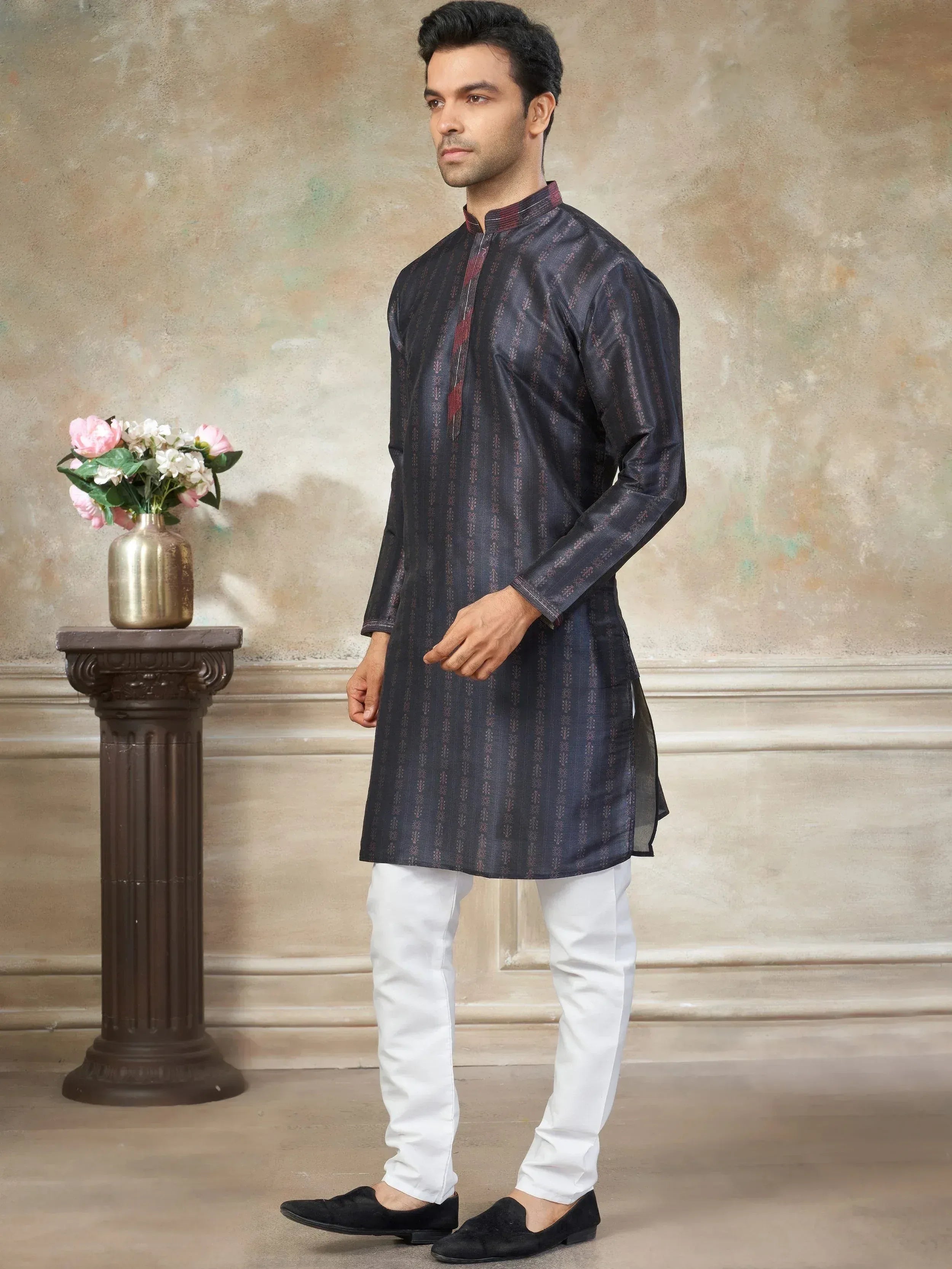 Glowing Dark Blue Digital Printed Silk Wedding Wear Men’s Kurta