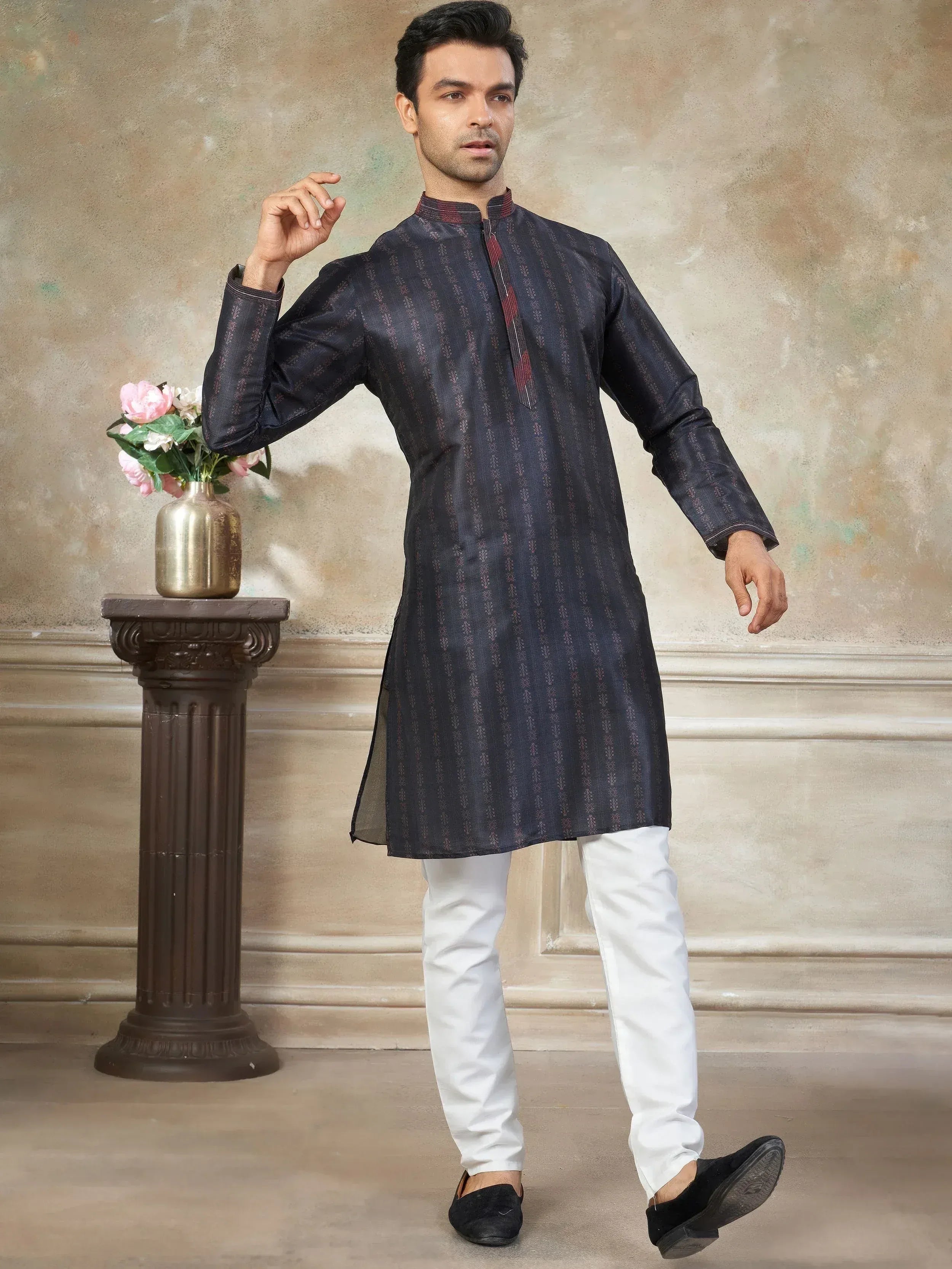 Glowing Dark Blue Digital Printed Silk Wedding Wear Men’s Kurta