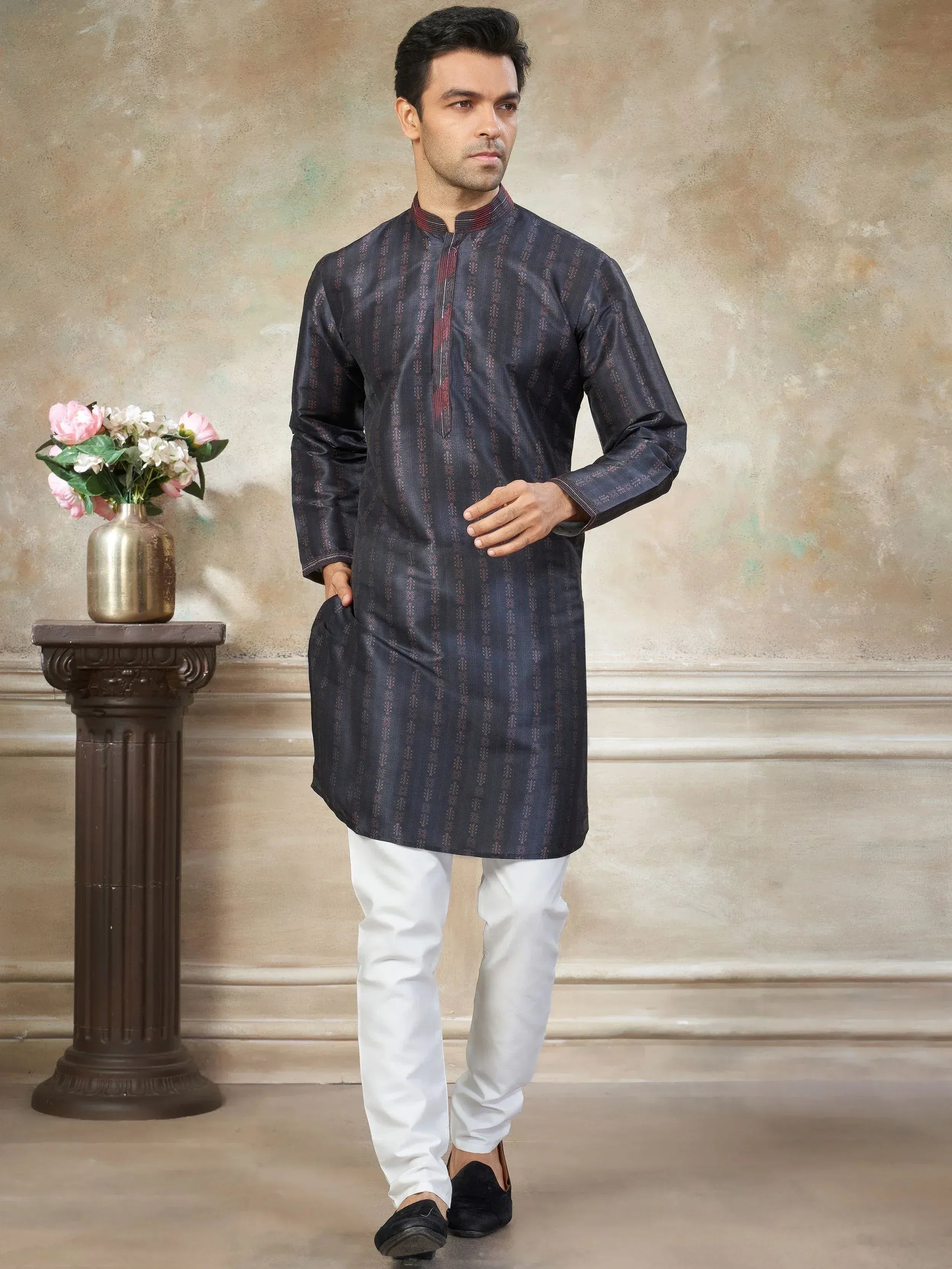 Glowing Dark Blue Digital Printed Silk Wedding Wear Men’s Kurta