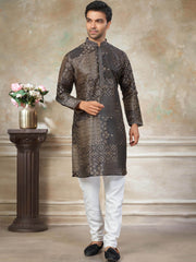 Sparkling Dark Brown Digital Printed Silk Function Wear Men’s Kurta