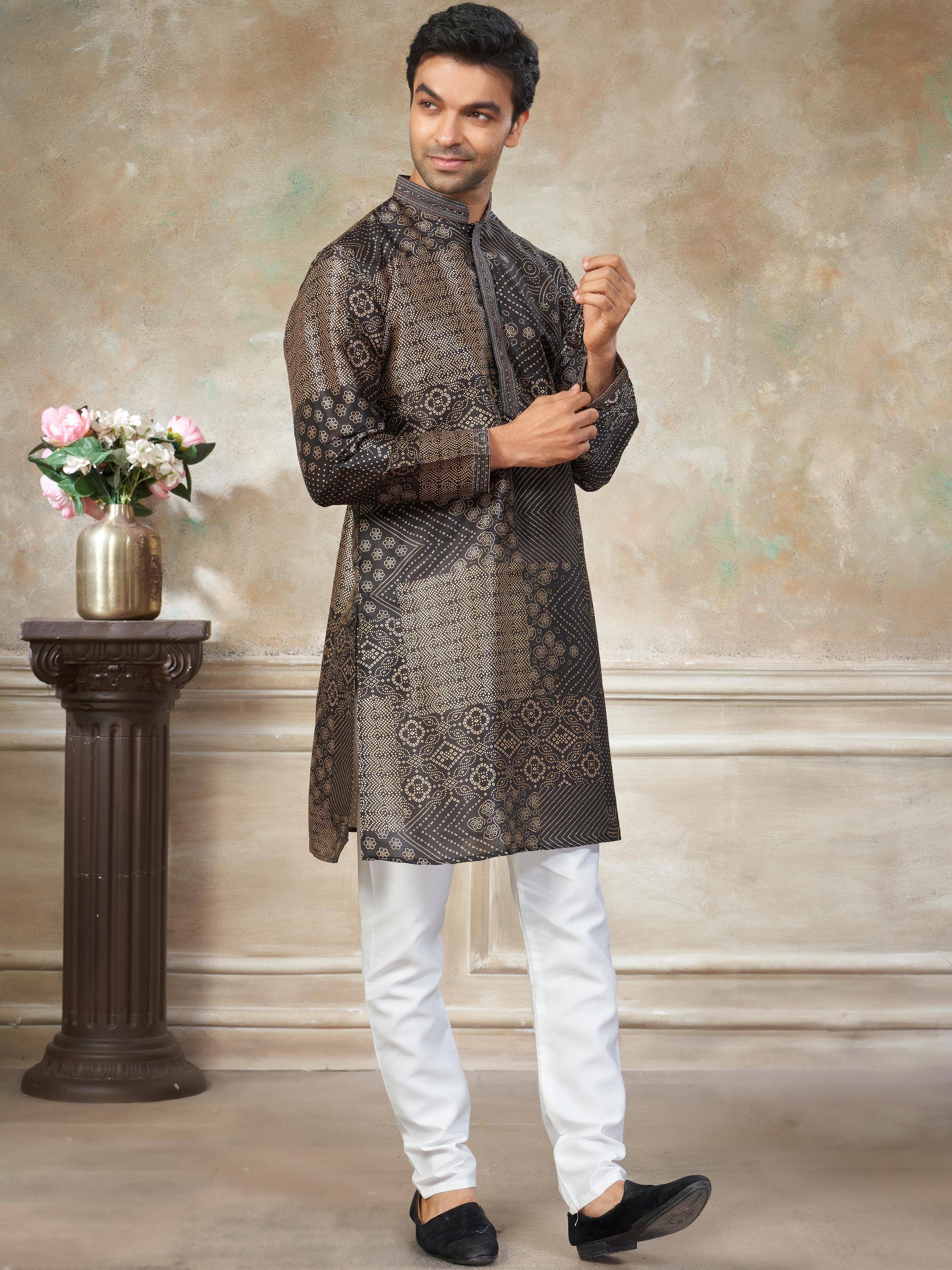 Sparkling Dark Brown Digital Printed Silk Function Wear Men’s Kurta
