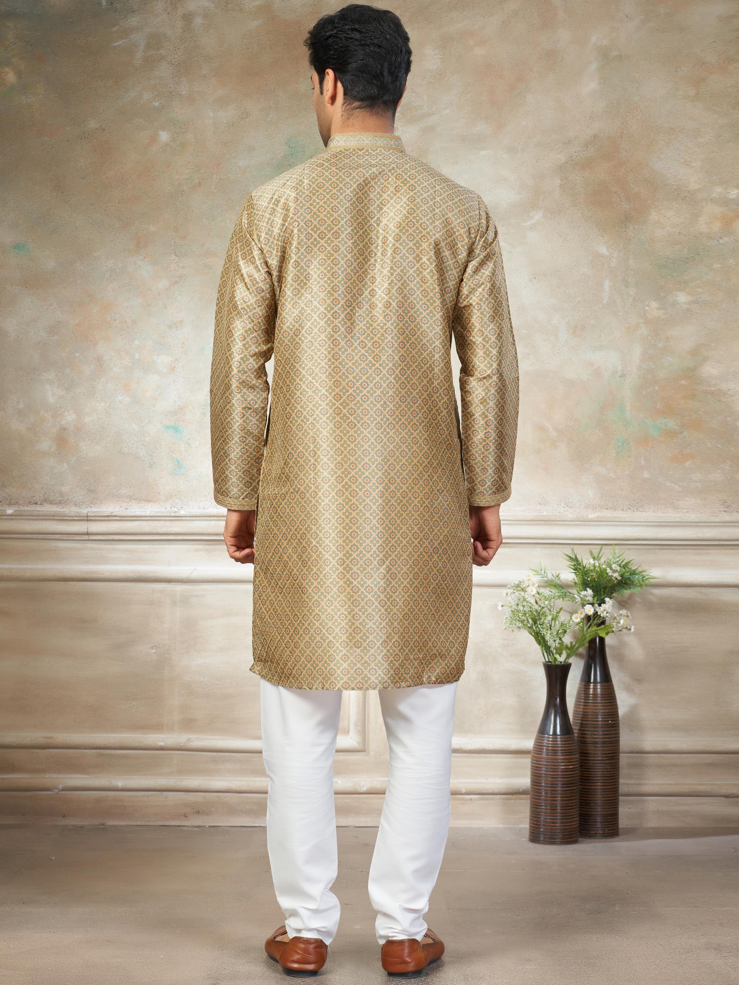 Fabulous Golden Digital Printed Silk Wedding Wear Men’s Kurta
