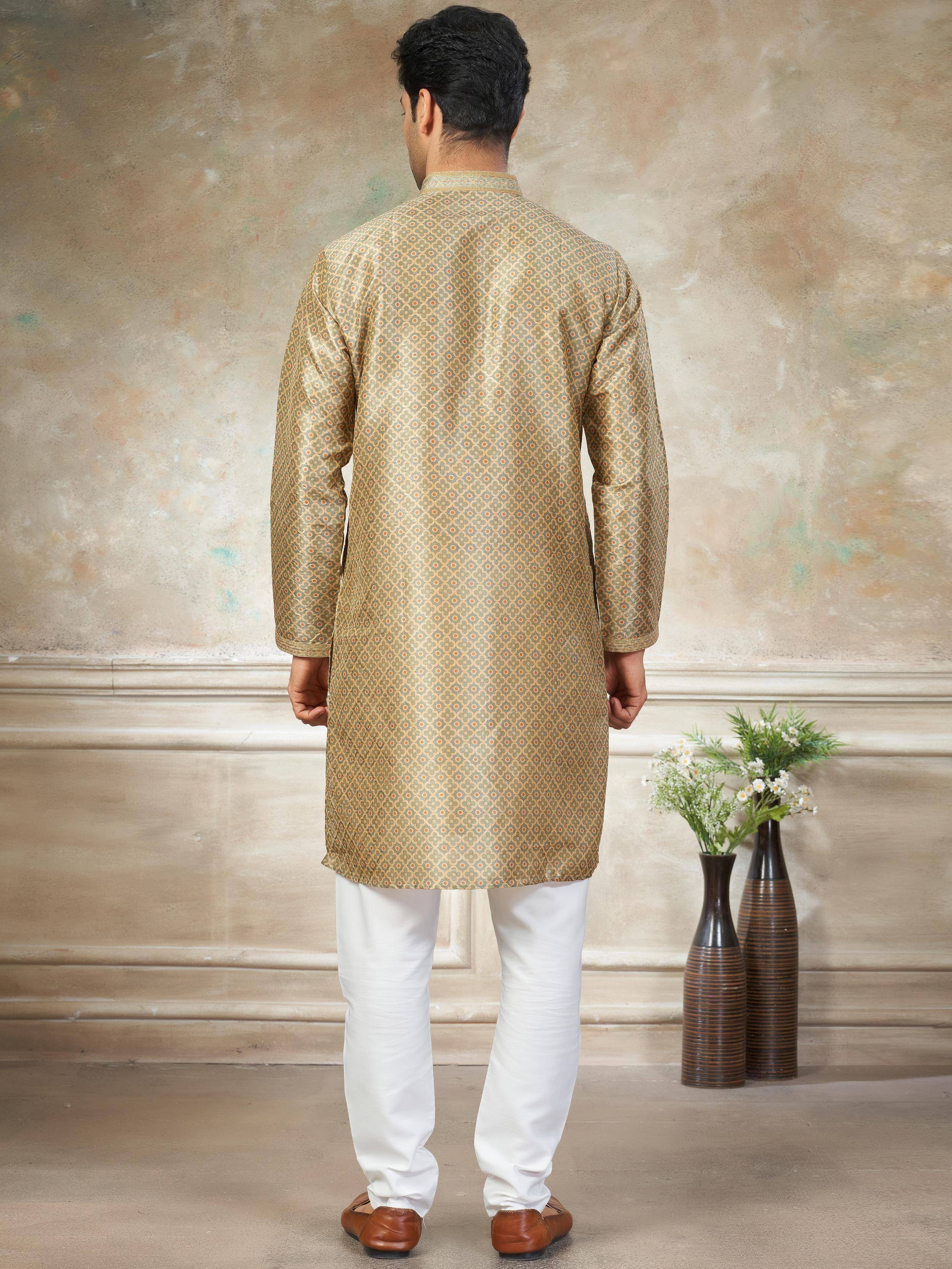 Fabulous Golden Digital Printed Silk Wedding Wear Men’s Kurta