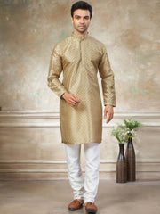Fabulous Golden Digital Printed Silk Wedding Wear Men’s Kurta