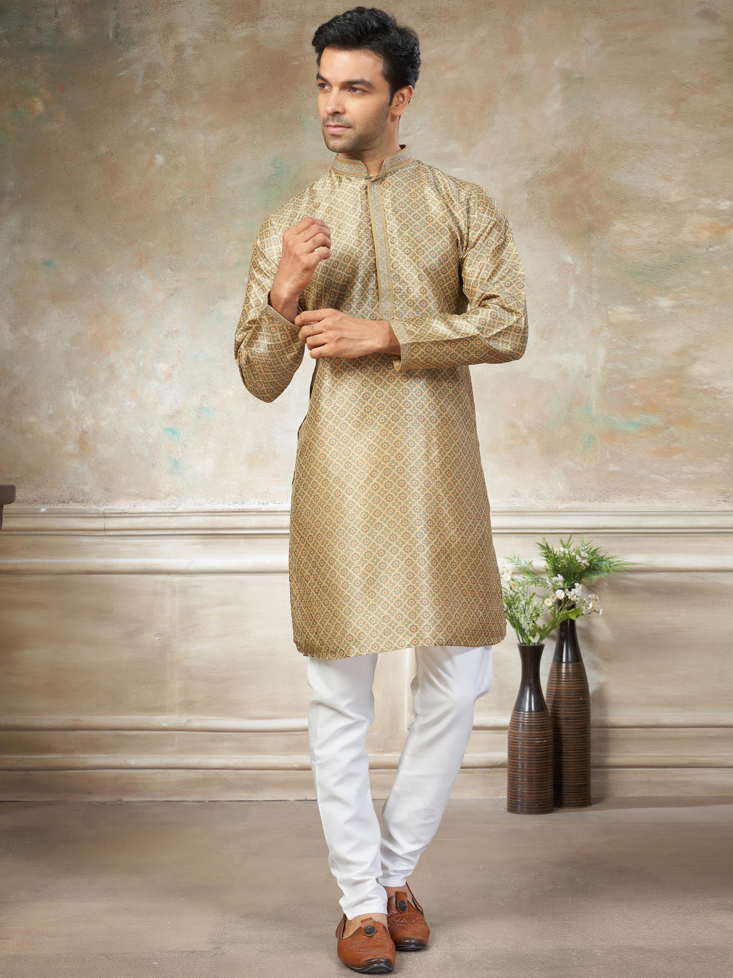 Fabulous Golden Digital Printed Silk Wedding Wear Men’s Kurta