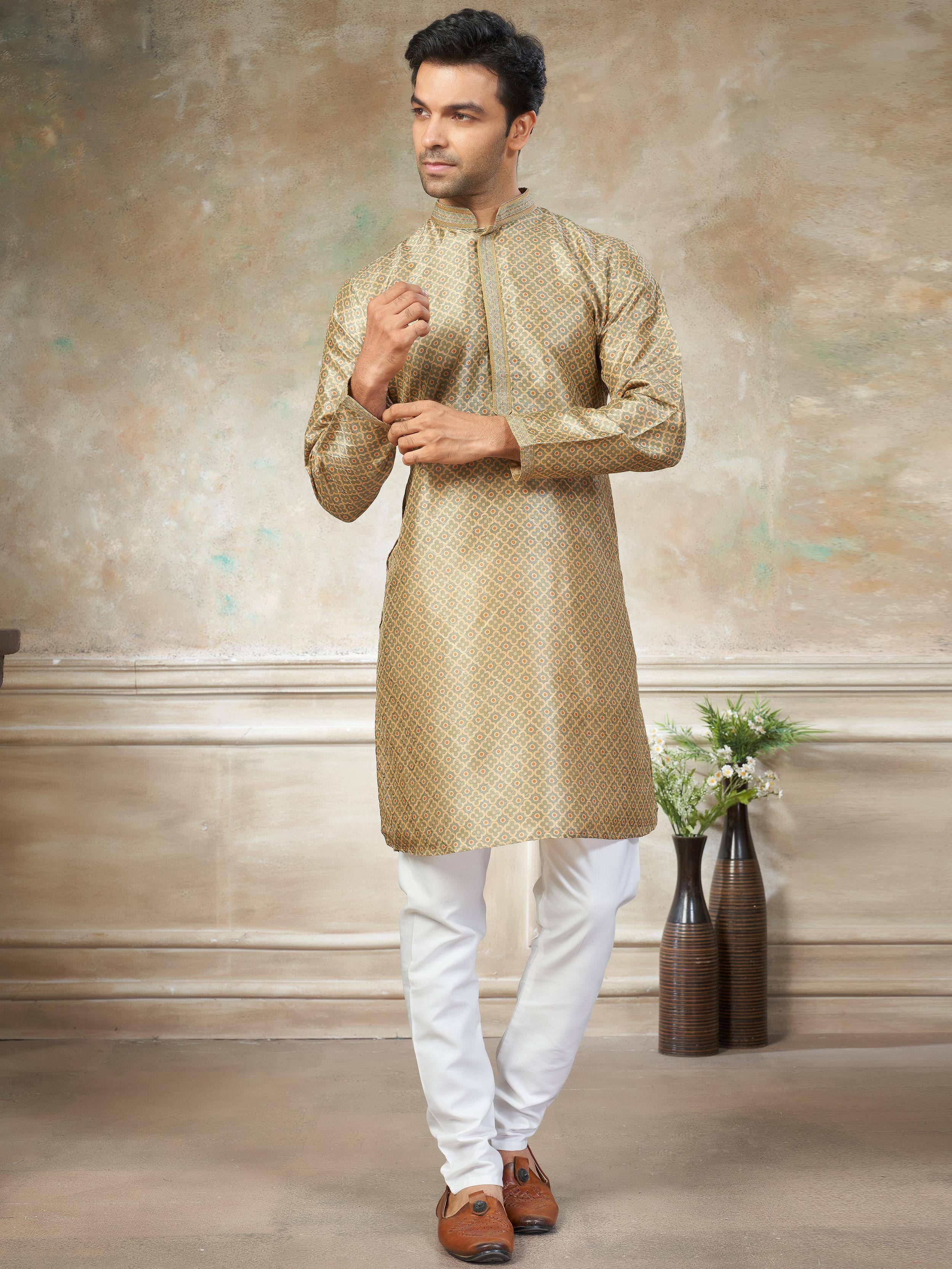Fabulous Golden Digital Printed Silk Wedding Wear Men’s Kurta