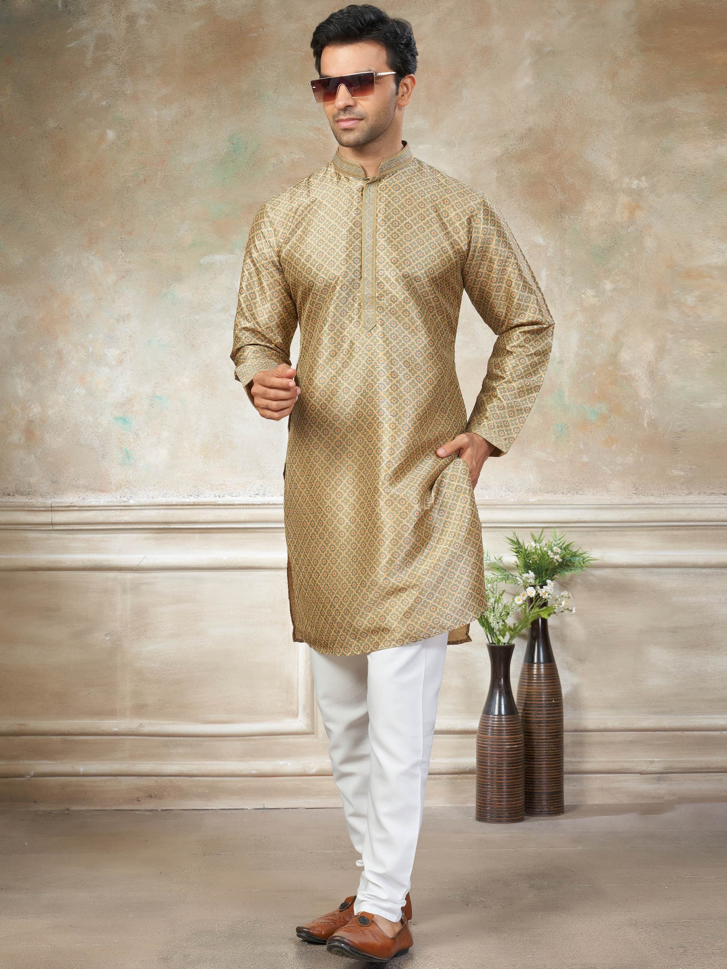 Fabulous Golden Digital Printed Silk Wedding Wear Men’s Kurta