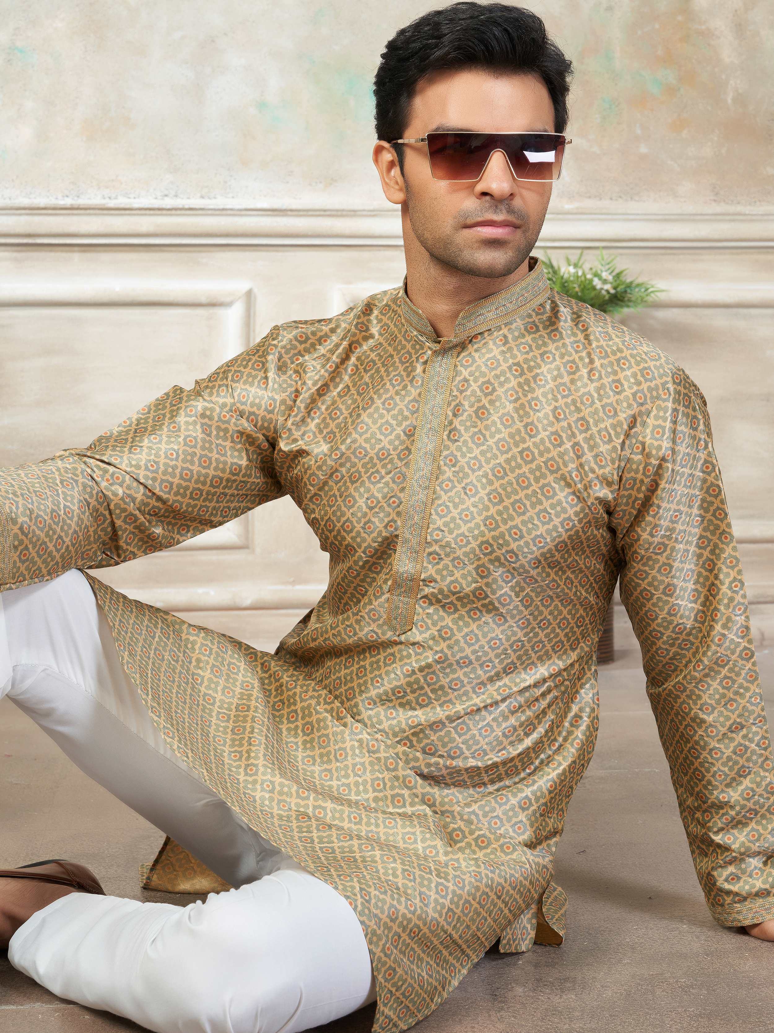Fabulous Golden Digital Printed Silk Wedding Wear Men’s Kurta