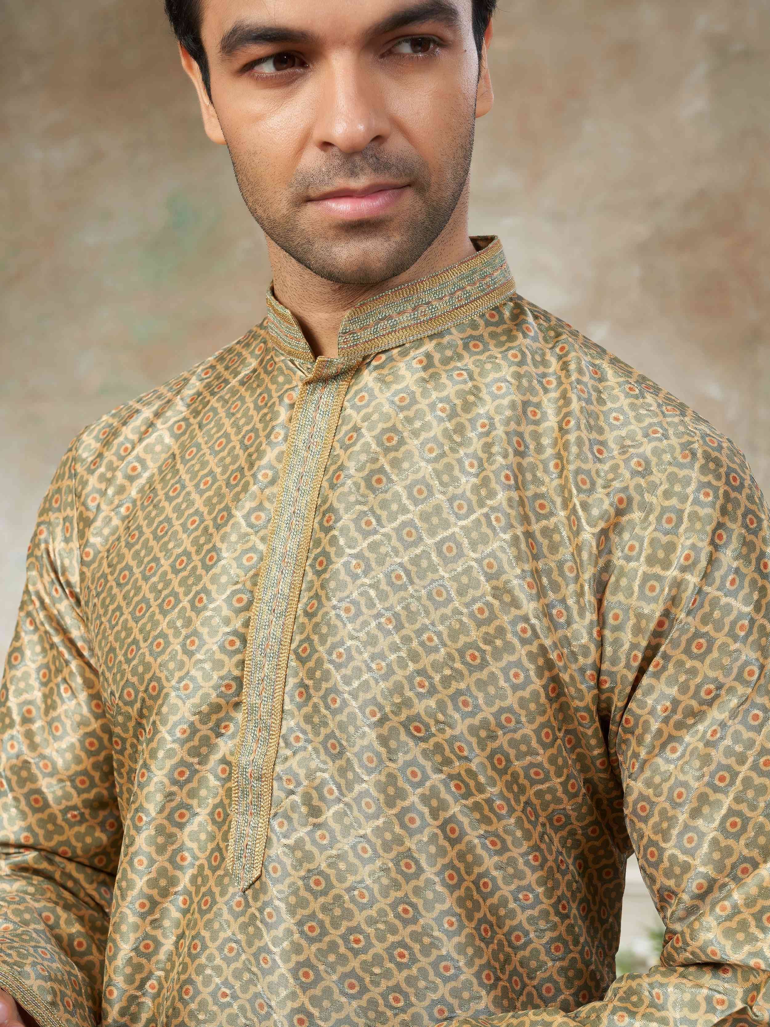 Fabulous Golden Digital Printed Silk Wedding Wear Men’s Kurta