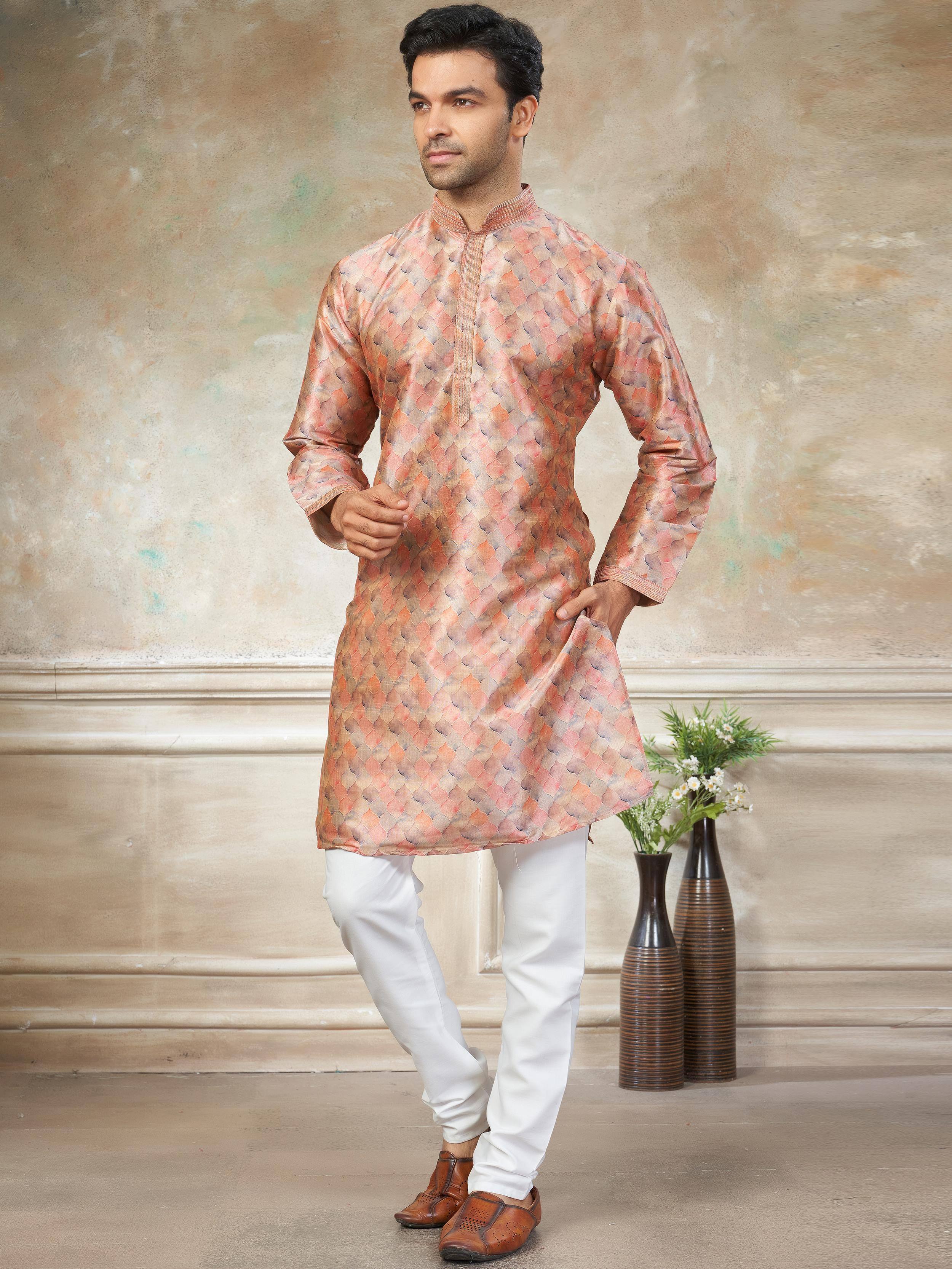 Adorable Peach Digital Printed Silk Festival Wear Men’s Kurta