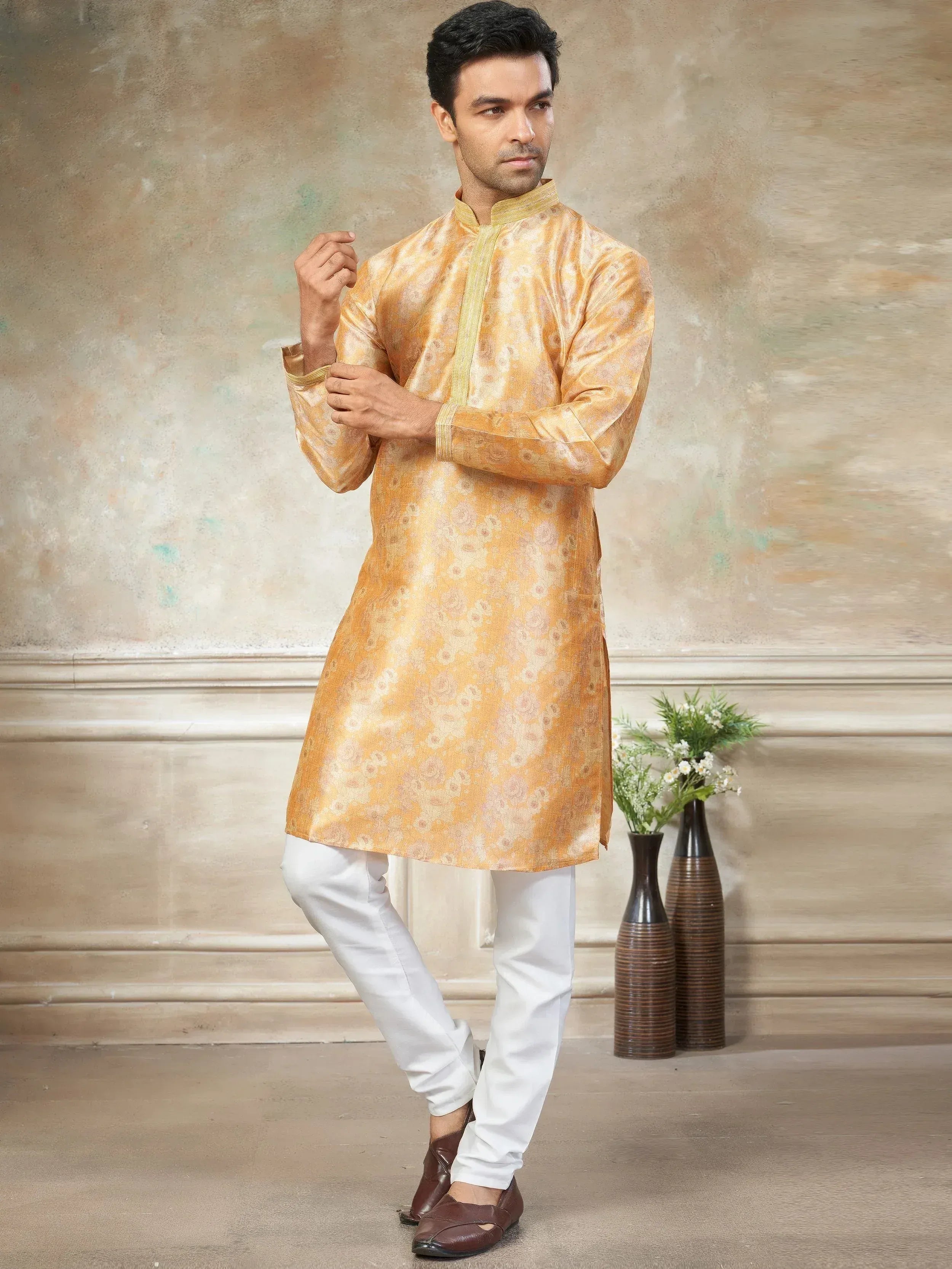 Wonderful Yellow Digital Printed Silk Haldi Wear Men’s Kurta
