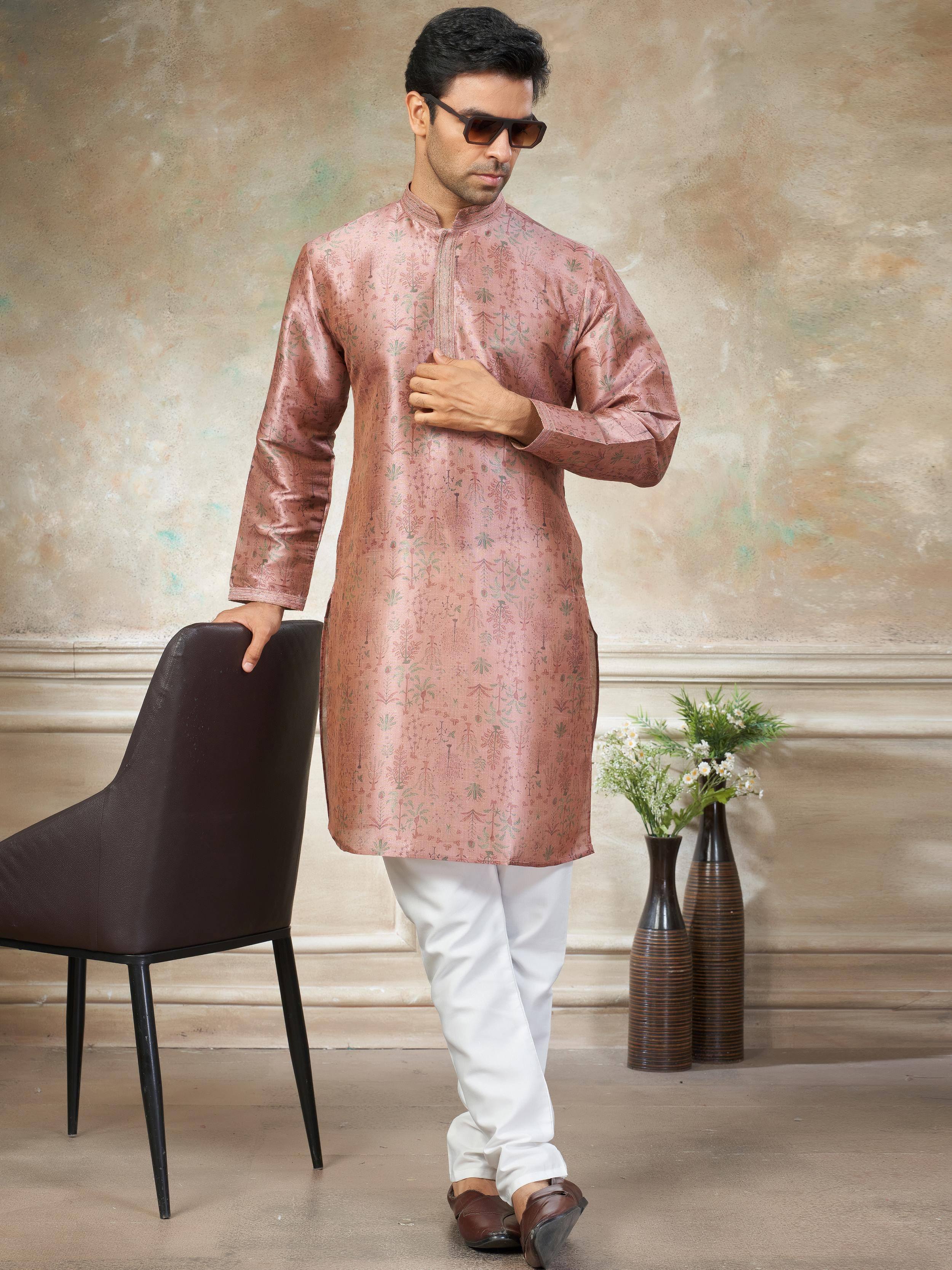 Classic Pink Digital Printed Silk Festival Wear Men’s Kurta