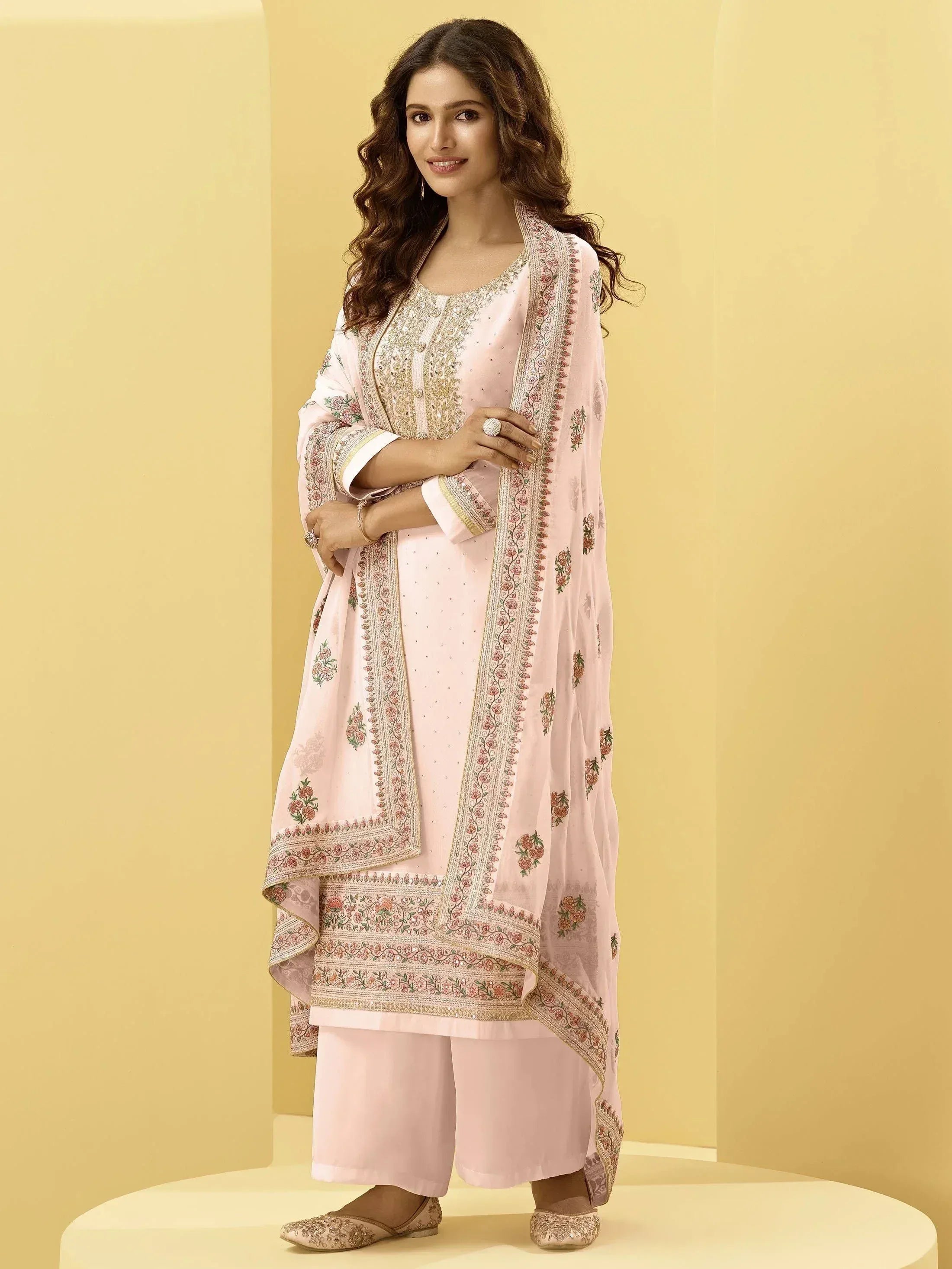 Pink embroidered salwar kameez with floral dupatta, Indian ethnic wear for women