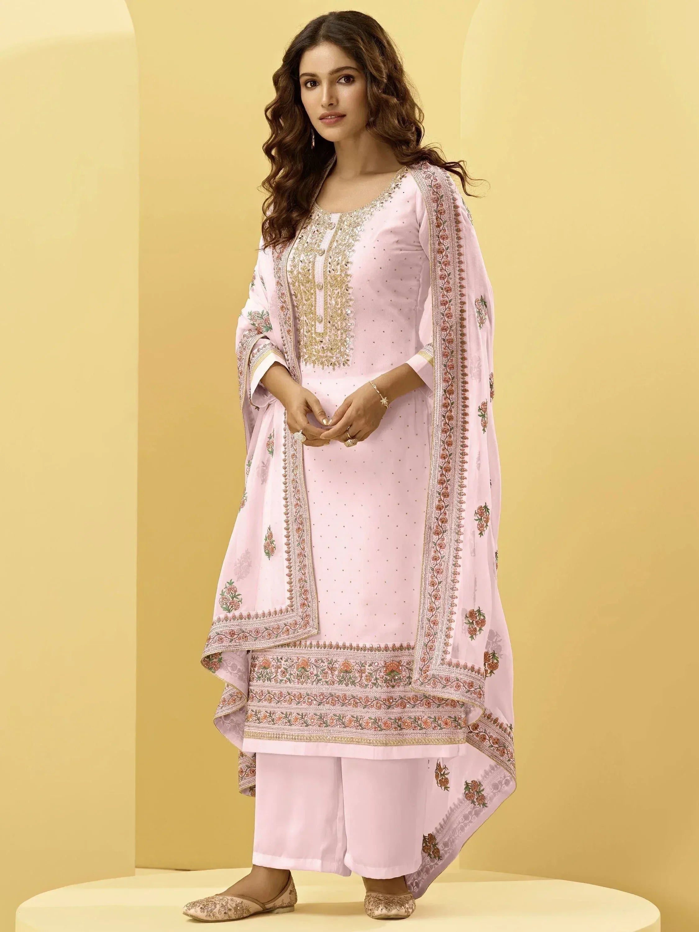 Pink embroidered salwar kameez with floral dupatta, Indian ethnic wear for women
