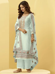 Misty Teal Embroidered Georgette Festival Wear Salwar Kameez