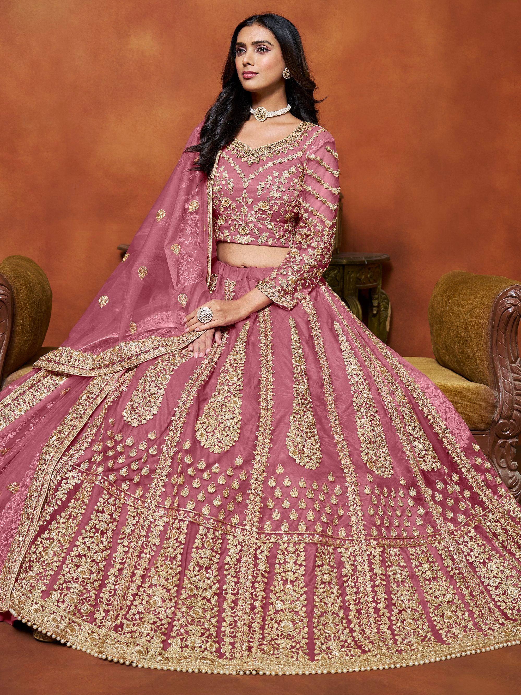 Classic Pink Zari Work Net Engagement Wear Lehenga Choli With Dupatta