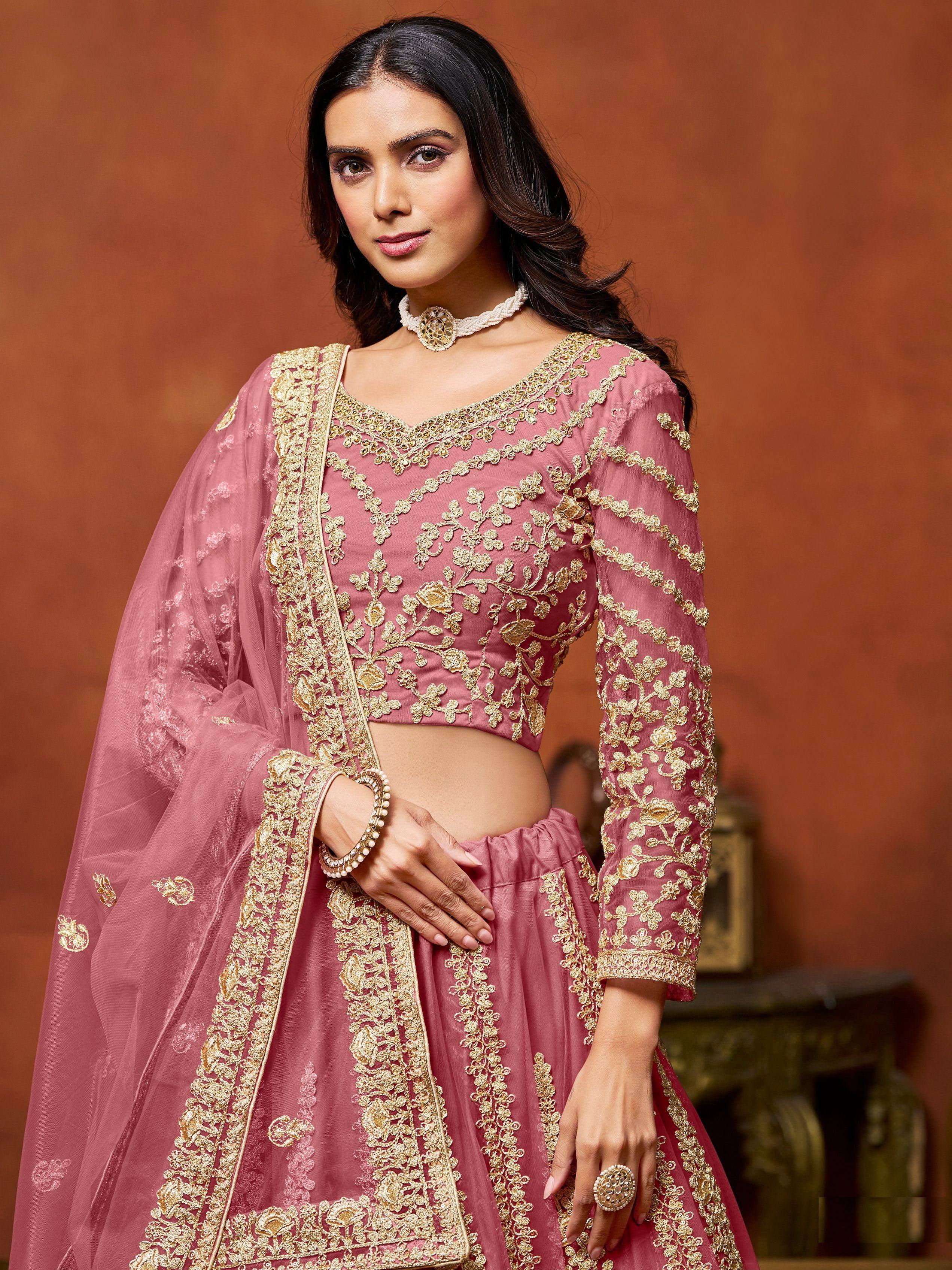 Classic Pink Zari Work Net Engagement Wear Lehenga Choli With Dupatta