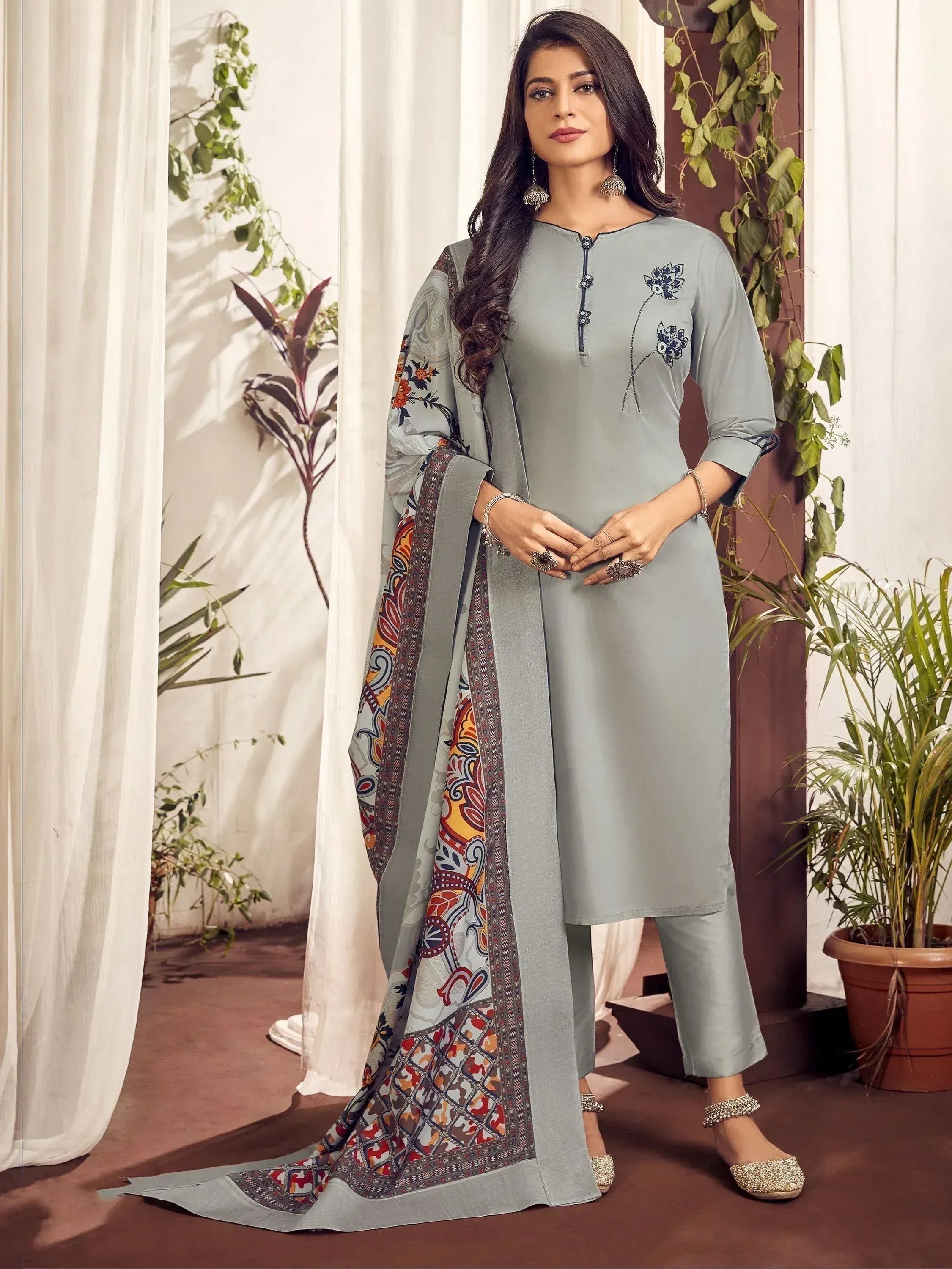 Grey embroidered salwar kameez with printed dupatta, Indian ethnic wear for women