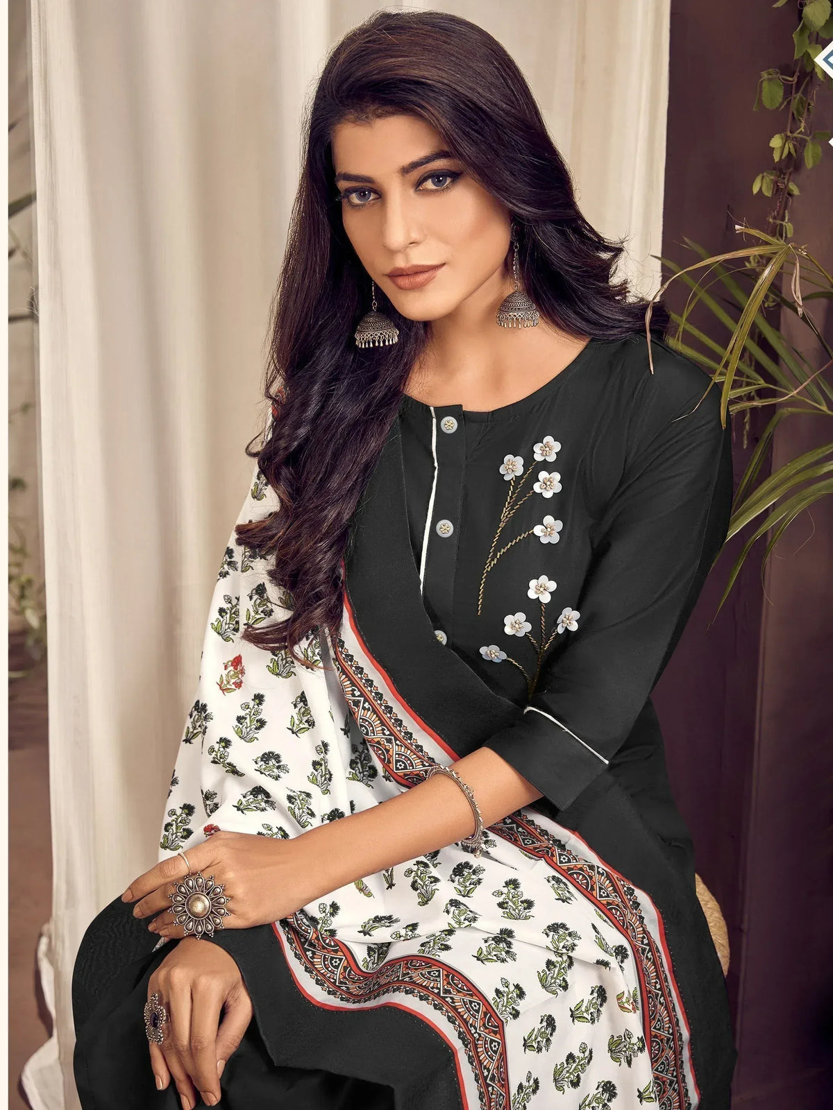 Black floral embroidered kurta with printed dupatta, Indian ethnic wear for women