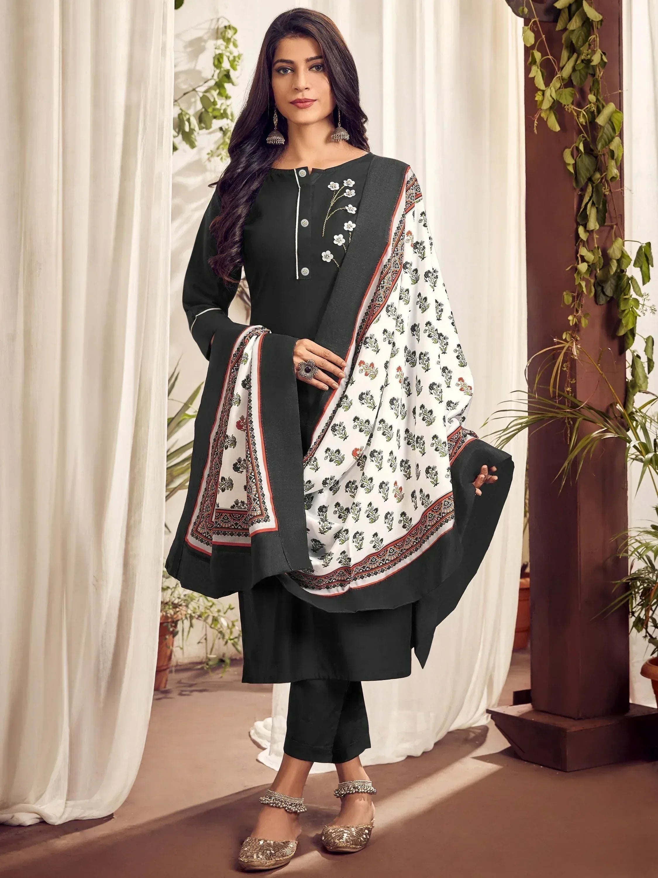 Black embroidered kurta with floral dupatta, ethnic wear for women, Indian designer salwar kameez