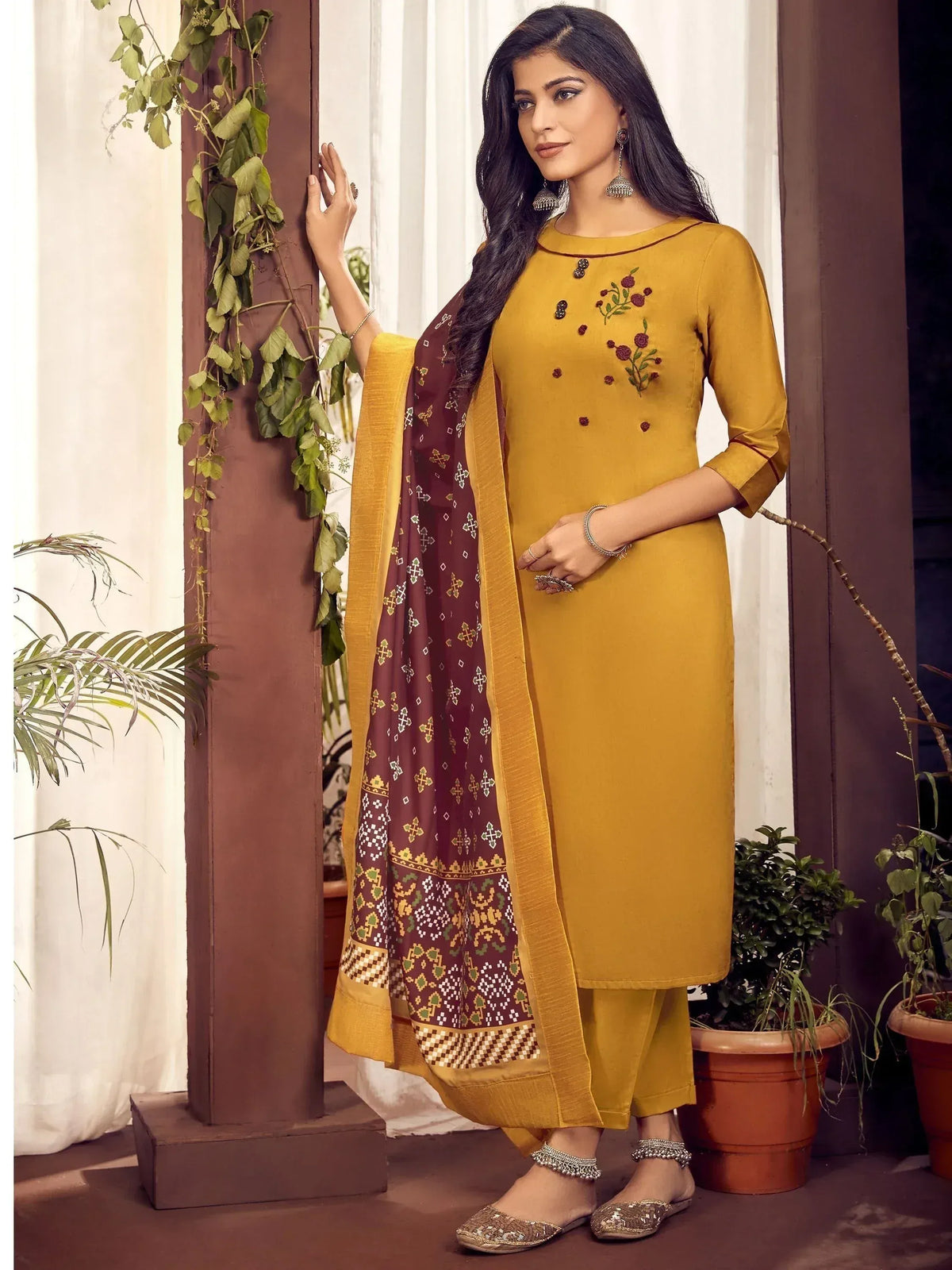 Mustard yellow embroidered salwar kameez with maroon dupatta, Indian ethnic wear