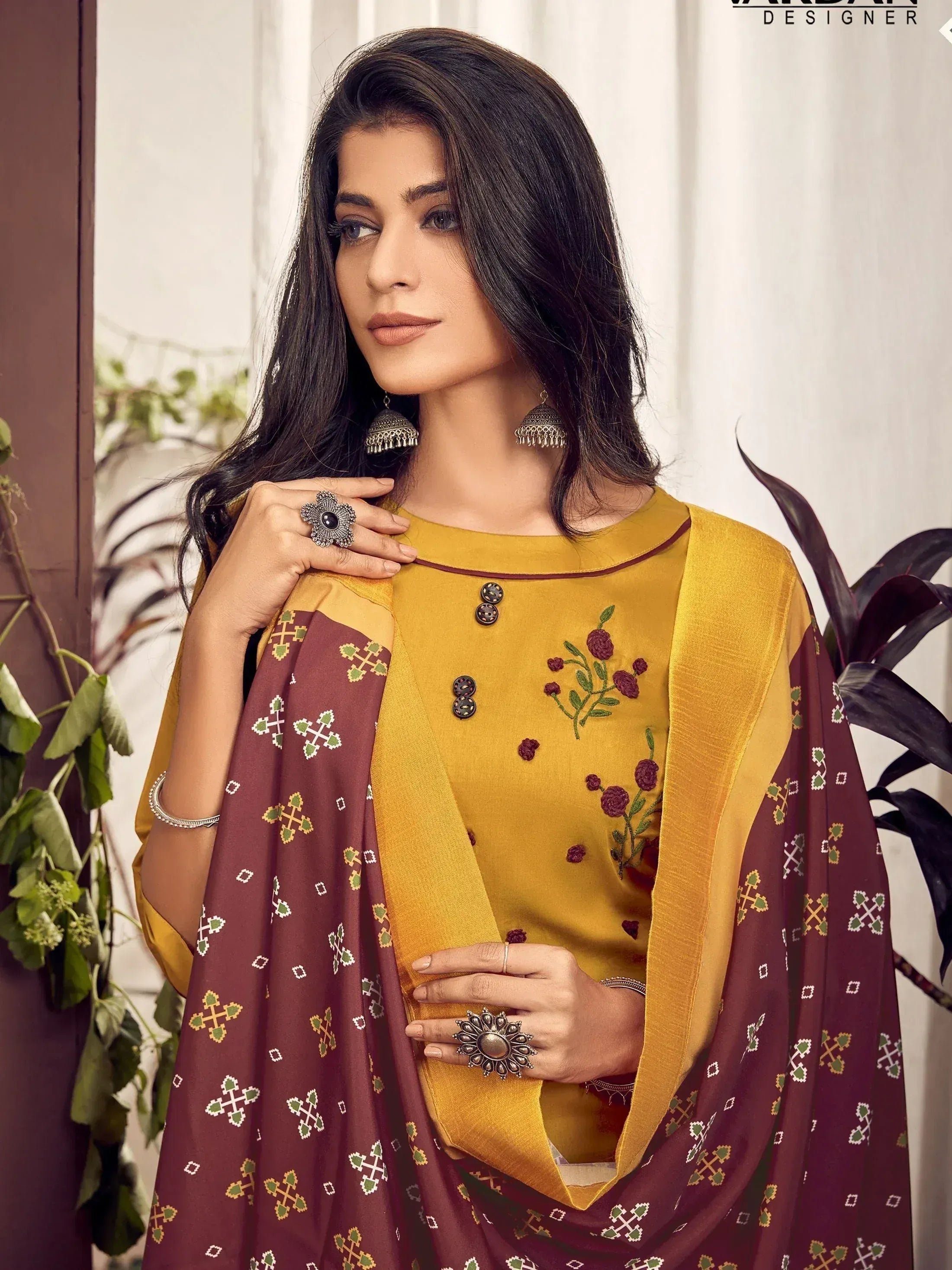 Mustard yellow embroidered kurta with maroon printed dupatta, ethnic wear for women