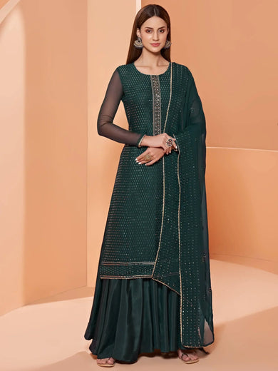 Marvelous Dark Green Sequins Embroidery Georgette Festival Wear Sharara Suit