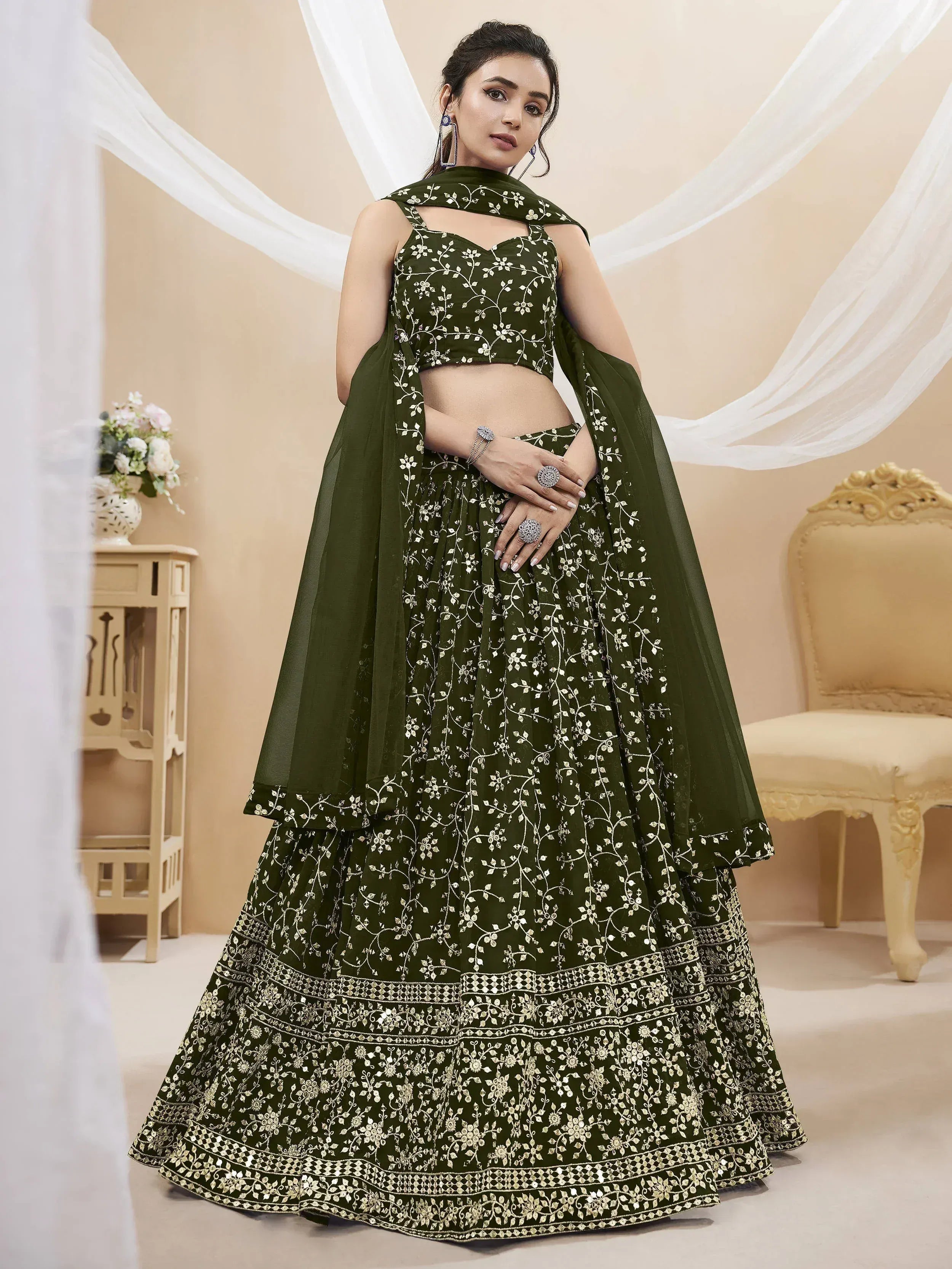 Olive green embroidered lehenga choli with floral designs and dupatta for Indian ethnic wear