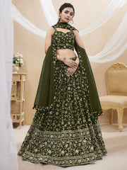 Bewitching Green Embroidered Georgette Mehendi Wear Lehenga Choli