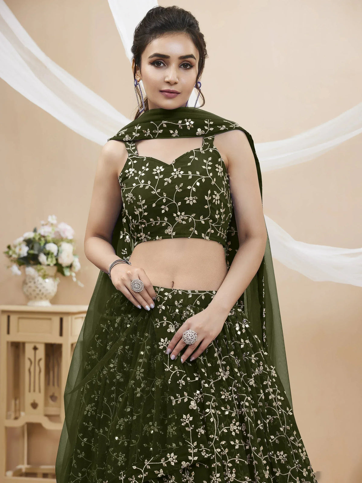 Elegant olive green lehenga choli with floral embroidery and matching dupatta for Indian ethnic wear