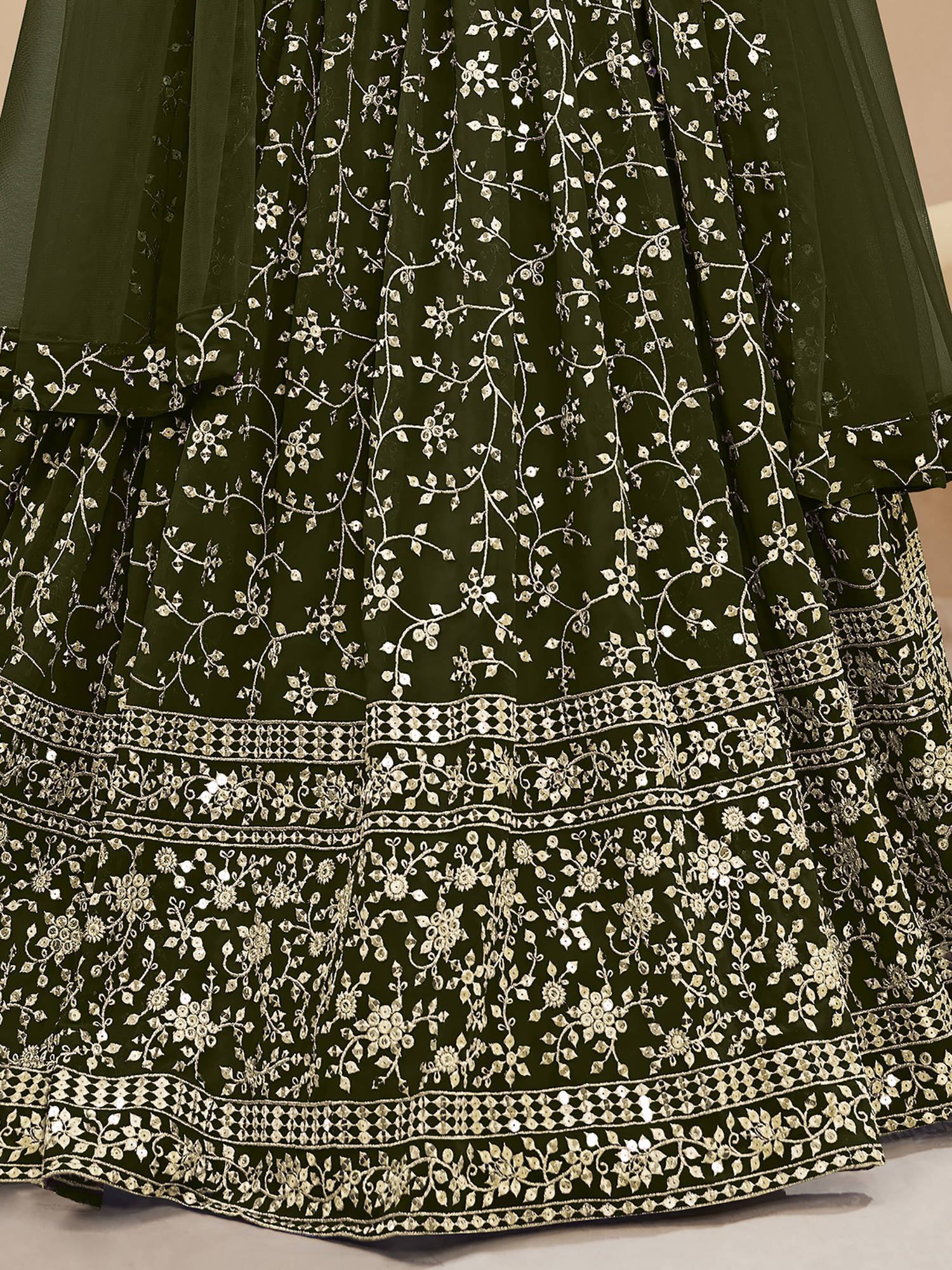 Bewitching Green Embroidered Georgette Mehendi Wear Lehenga Choli