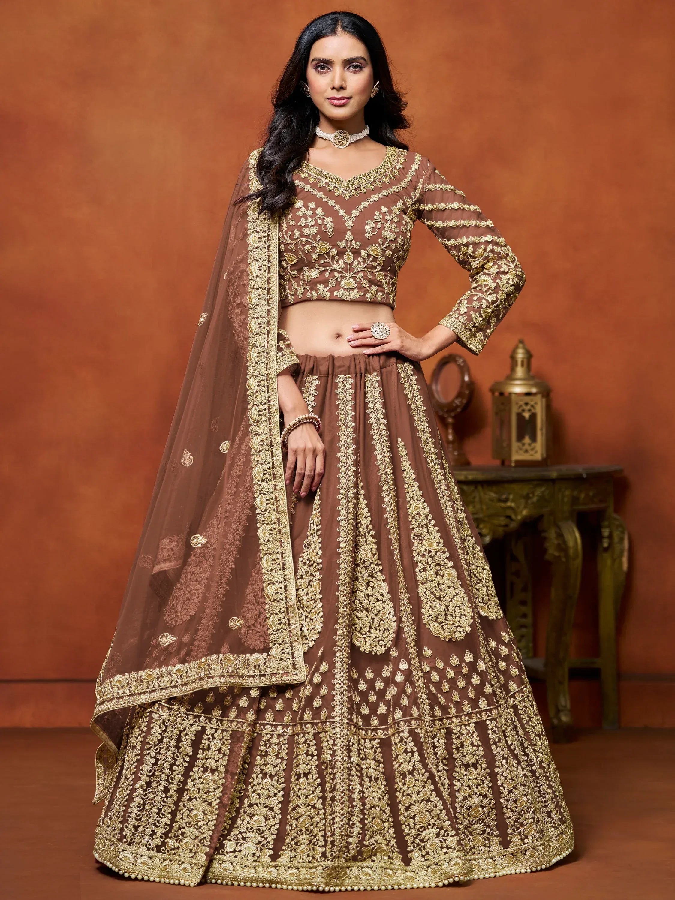 Awesome Brown Zari Embroidered Net Bridesmaid Lehenga Choli