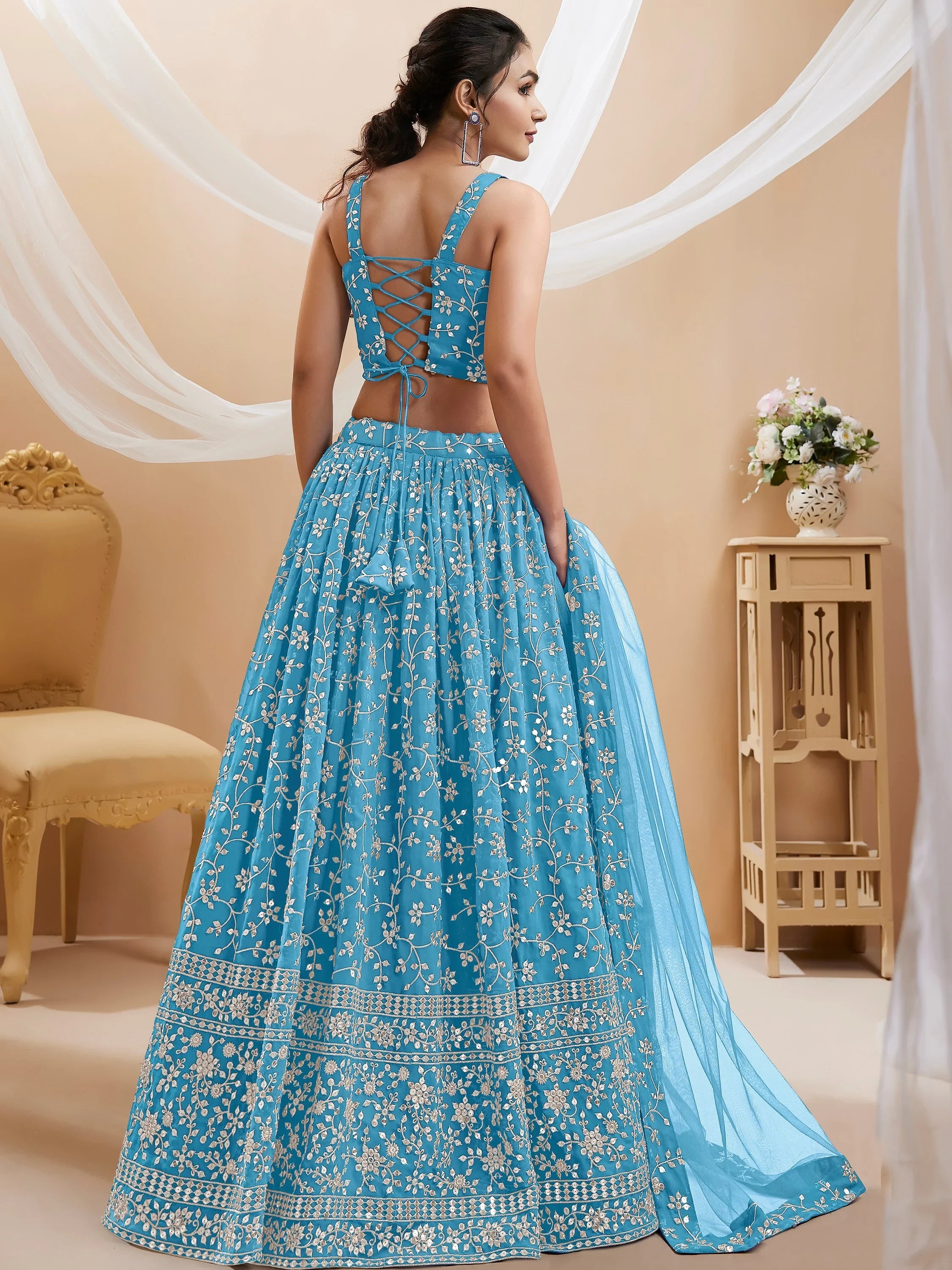 Graceful Blue Sequins Georgette Function Wear Plus Size Lehenga Choli