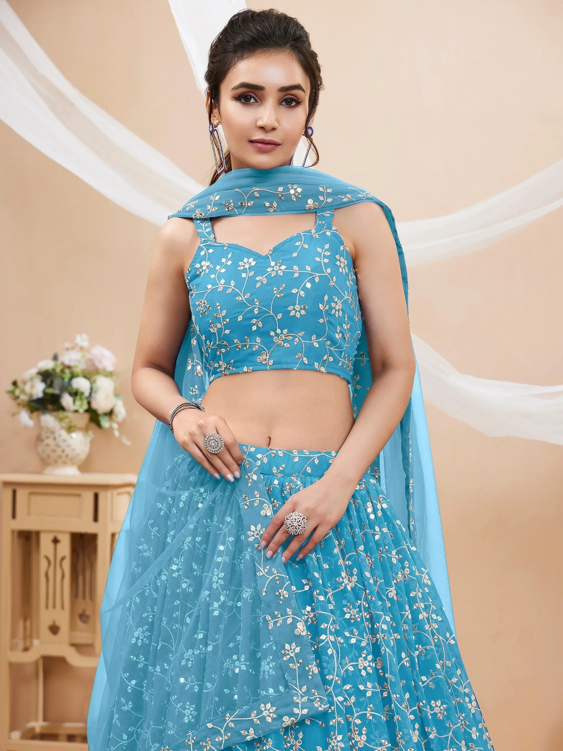 Graceful Blue Sequins Georgette Function Wear Plus Size Lehenga Choli