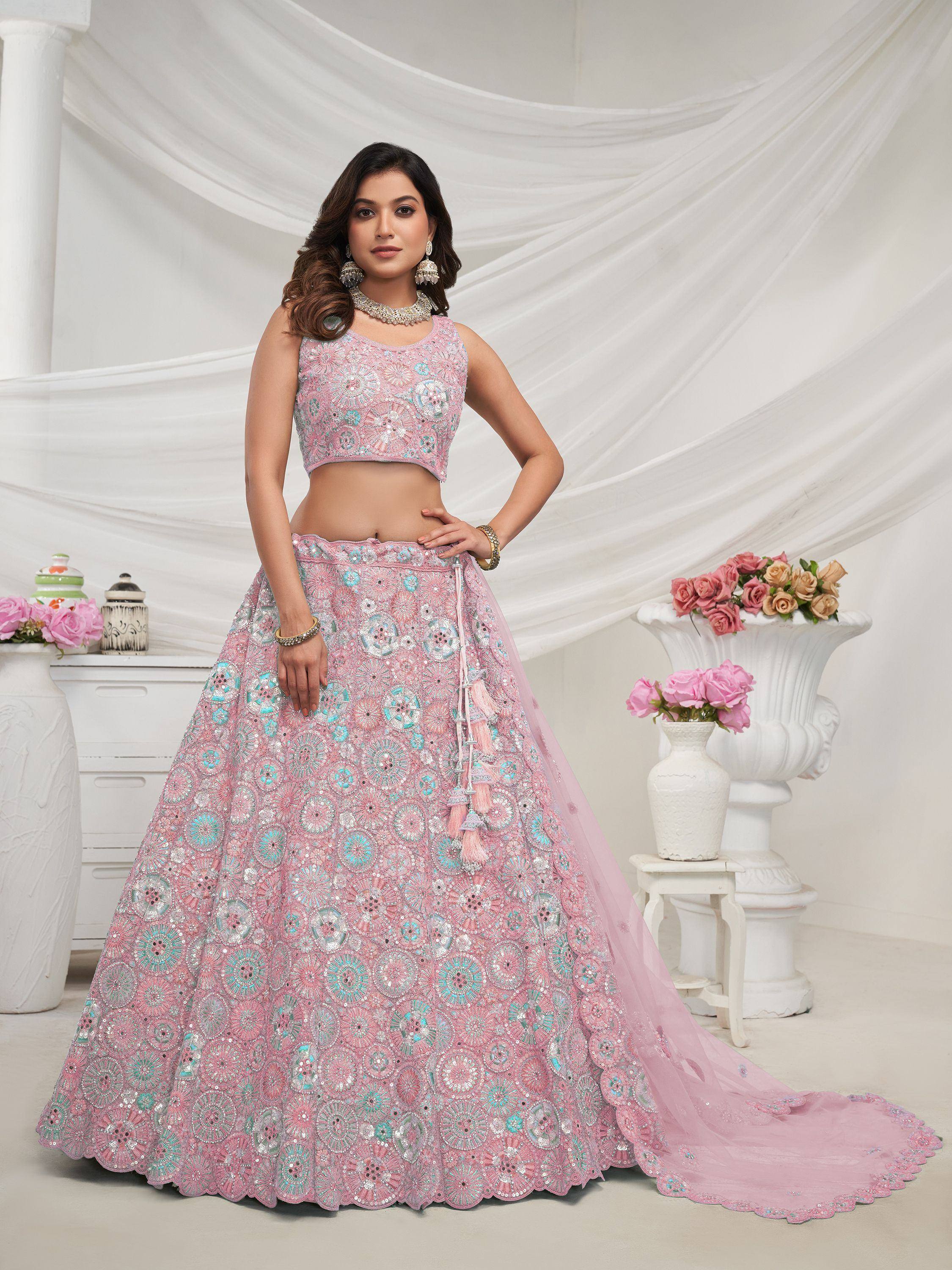 Pink floral embroidered lehenga choli with sequins, perfect for Indian weddings and festive occasions