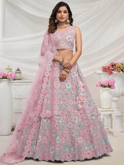 Unique Mauve Embroidered Net Monochrome Lehenga Choli With Dupatta