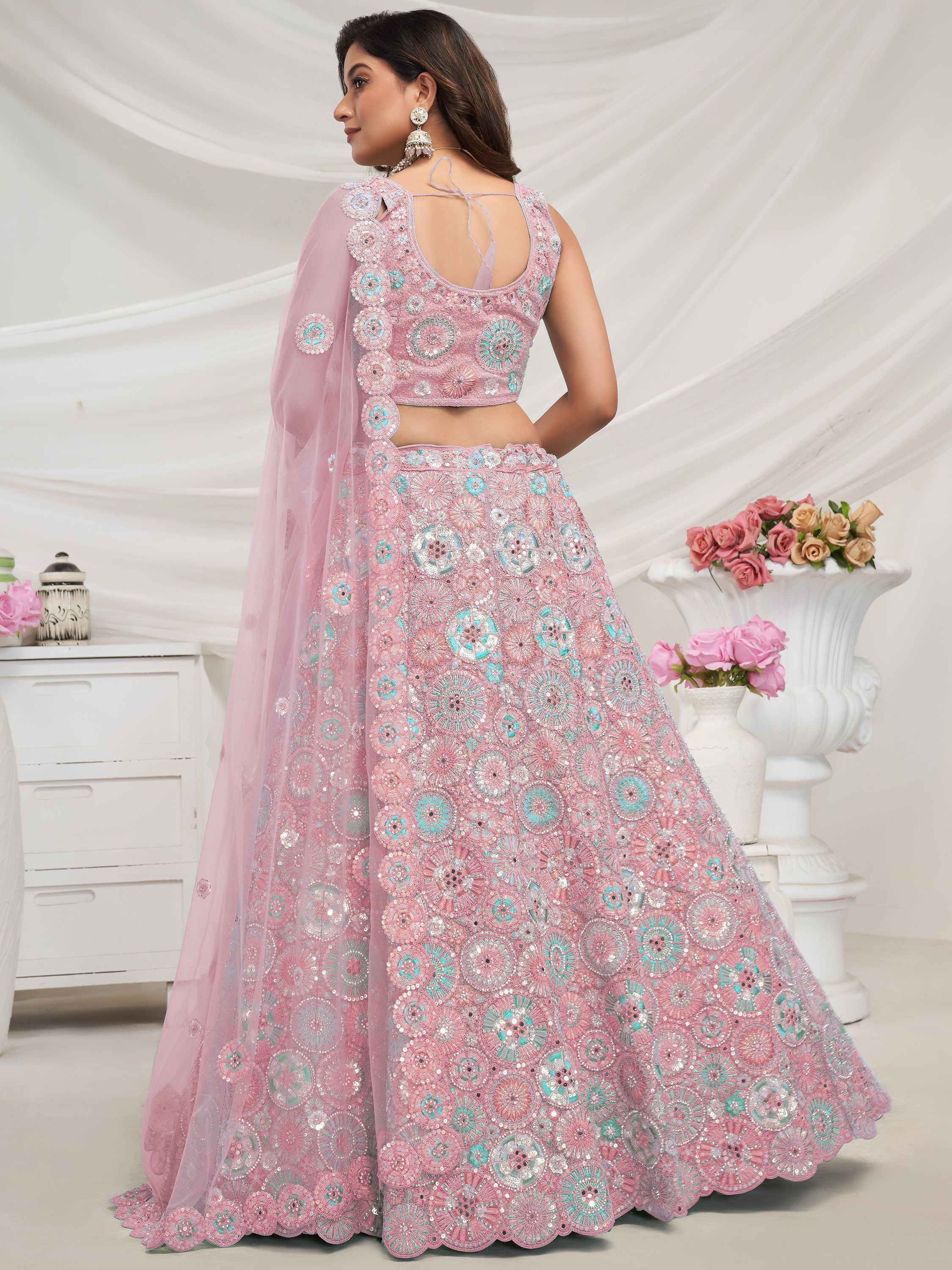 Unique Mauve Embroidered Net Monochrome Lehenga Choli With Dupatta