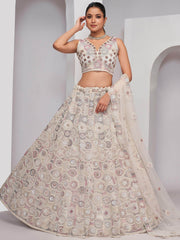 Impressive Ivory Embroidered Net Designer Lehenga Choli With Dupatta