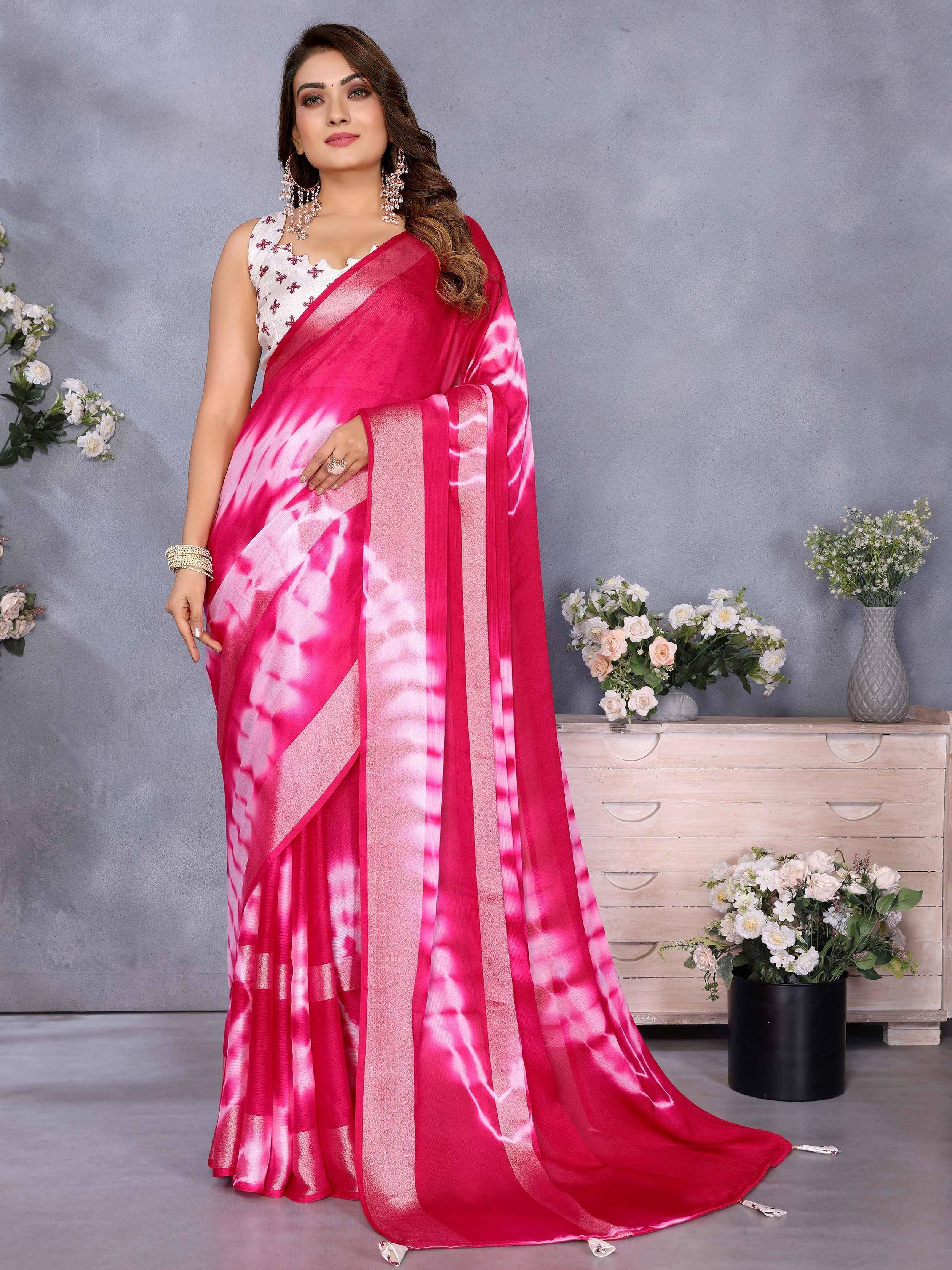Pink tie-dye saree with white blouse, ethnic wear for women, perfect for festivals and parties
