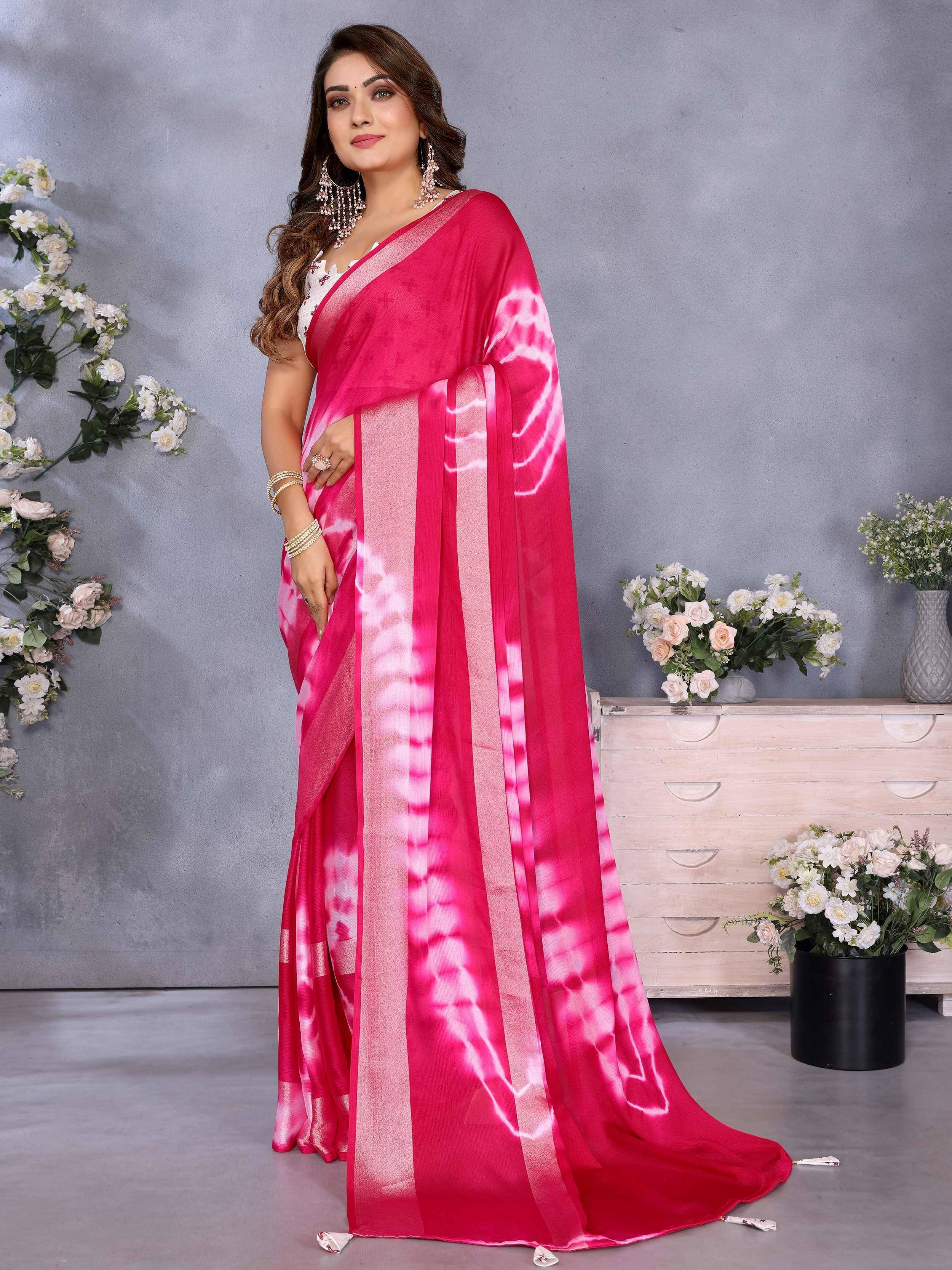 Pink tie-dye saree with white blouse, ethnic wear for women, designer Indian saree