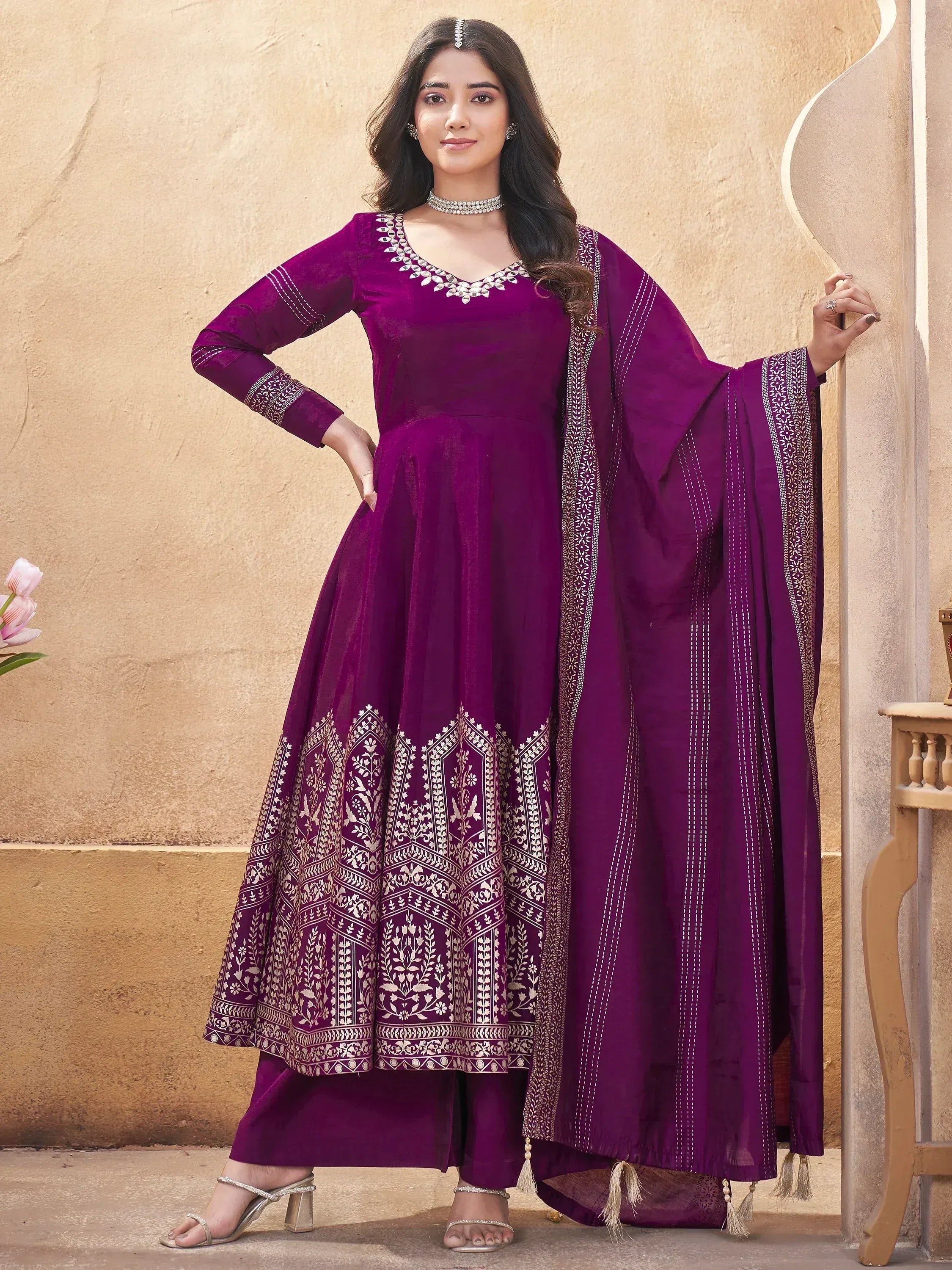 Purple embroidered anarkali suit with dupatta, Indian ethnic wear for women