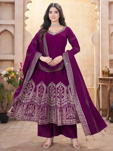 Glamorous Purple Foil Printed Silk Festival Wear Anarkali Suit Palazzo