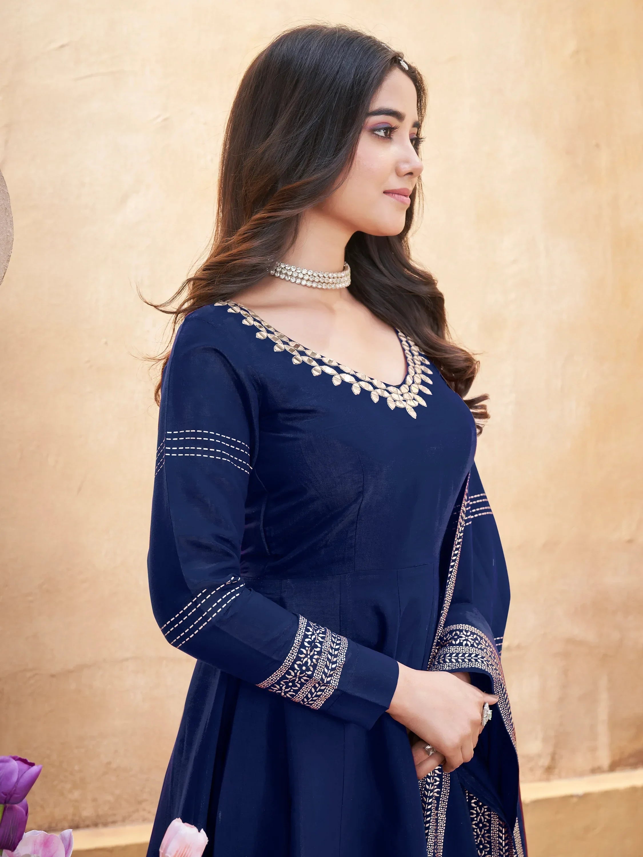 Enchanting Navy Blue Foil Printed Silk Event Wear Anarkali Suit Palazzo