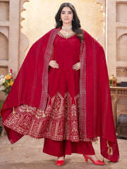 Stunning Red Foil Printed Silk Traditional Anarkali Suit Palazzo