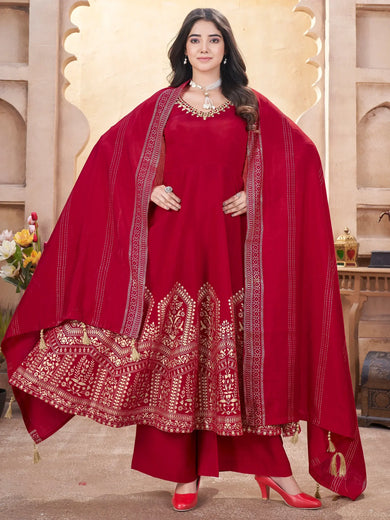 Stunning Red Foil Printed Silk Traditional Anarkali Suit Palazzo