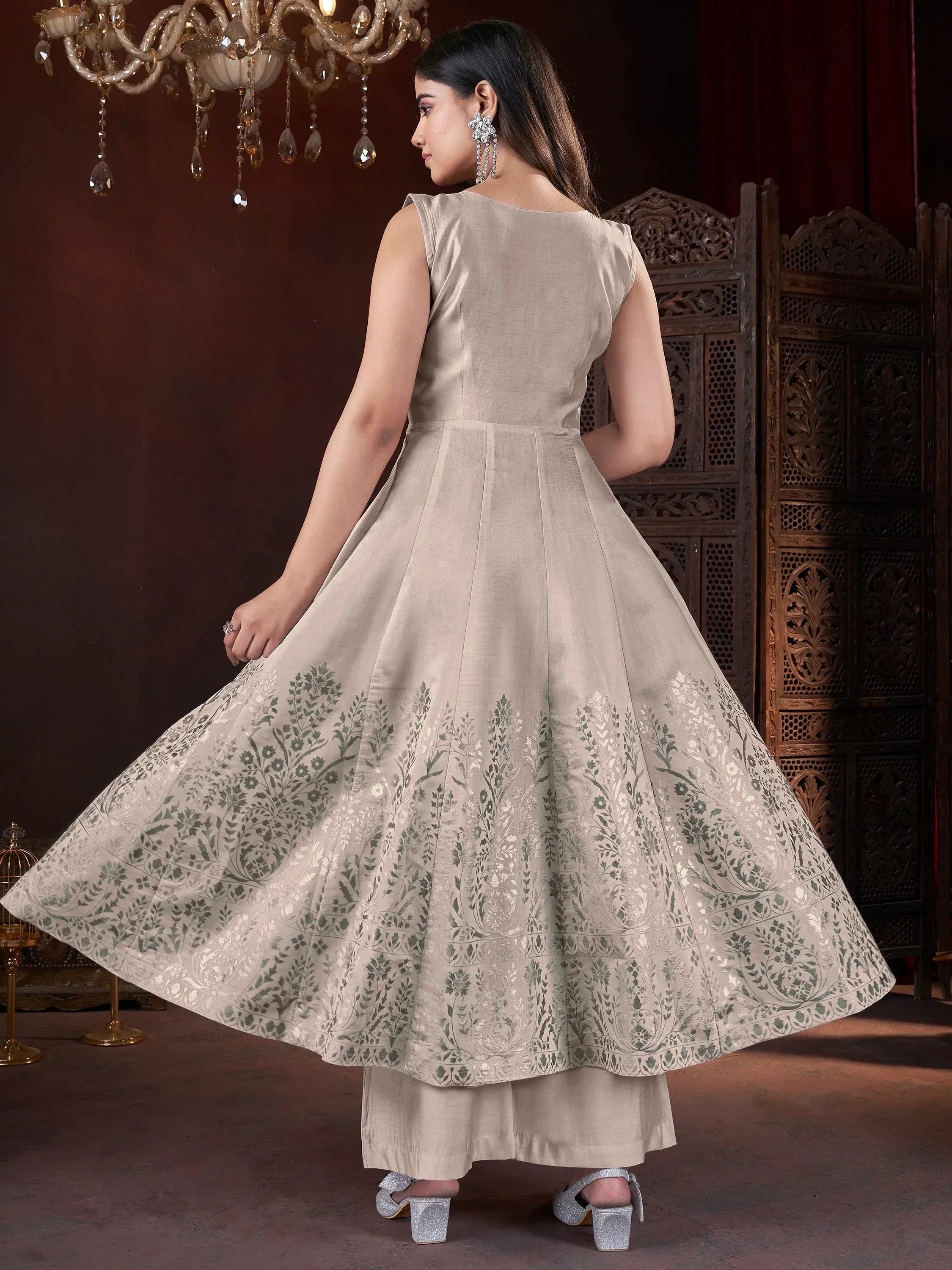 Beige floral print anarkali gown with palazzo pants, ethnic Indian wear for women