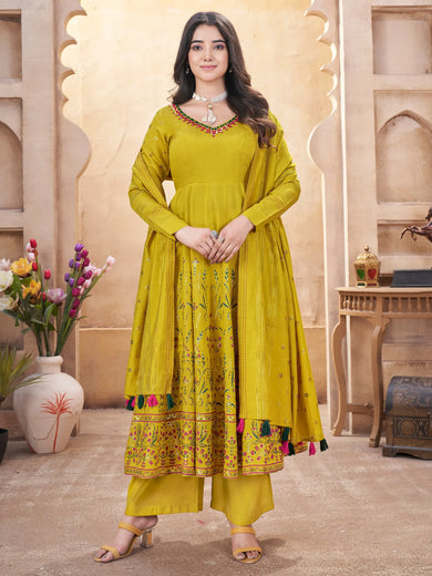 Attractive Mustard Yellow Foil Printed Silk Festival Wear Anarkali Suit